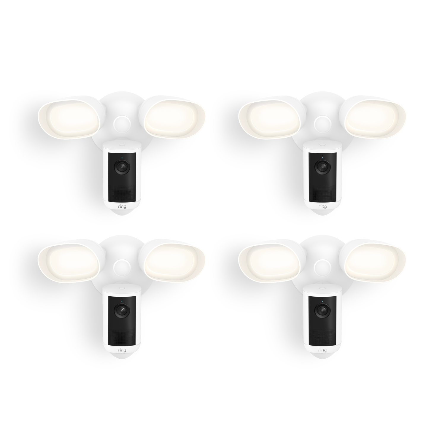 Floodlight Cam 4K Plus - Set of four white outdoor floodlight units with built-in cameras, arranged in a grid on a plain white background.