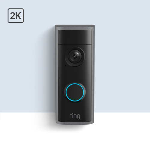 Ring video doorbell with 2K resolution, black top with camera lens, gray body, and blue illuminated button.