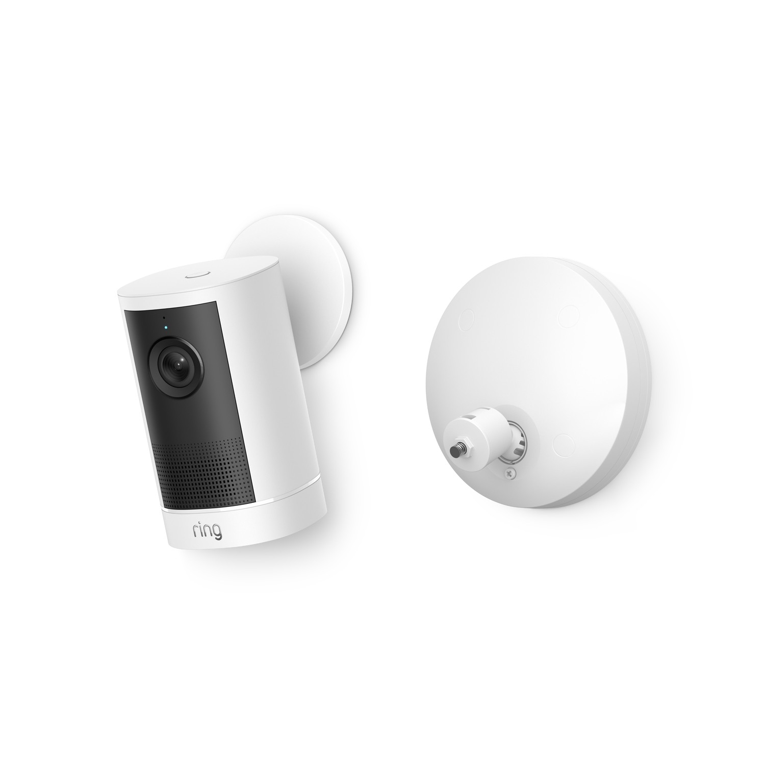 Outdoor Cam 4K Plus  - White Ring Outdoor Cam on a wall mount with detachable circular base, showing lens, speaker grille, and side-by-side mounting plates.