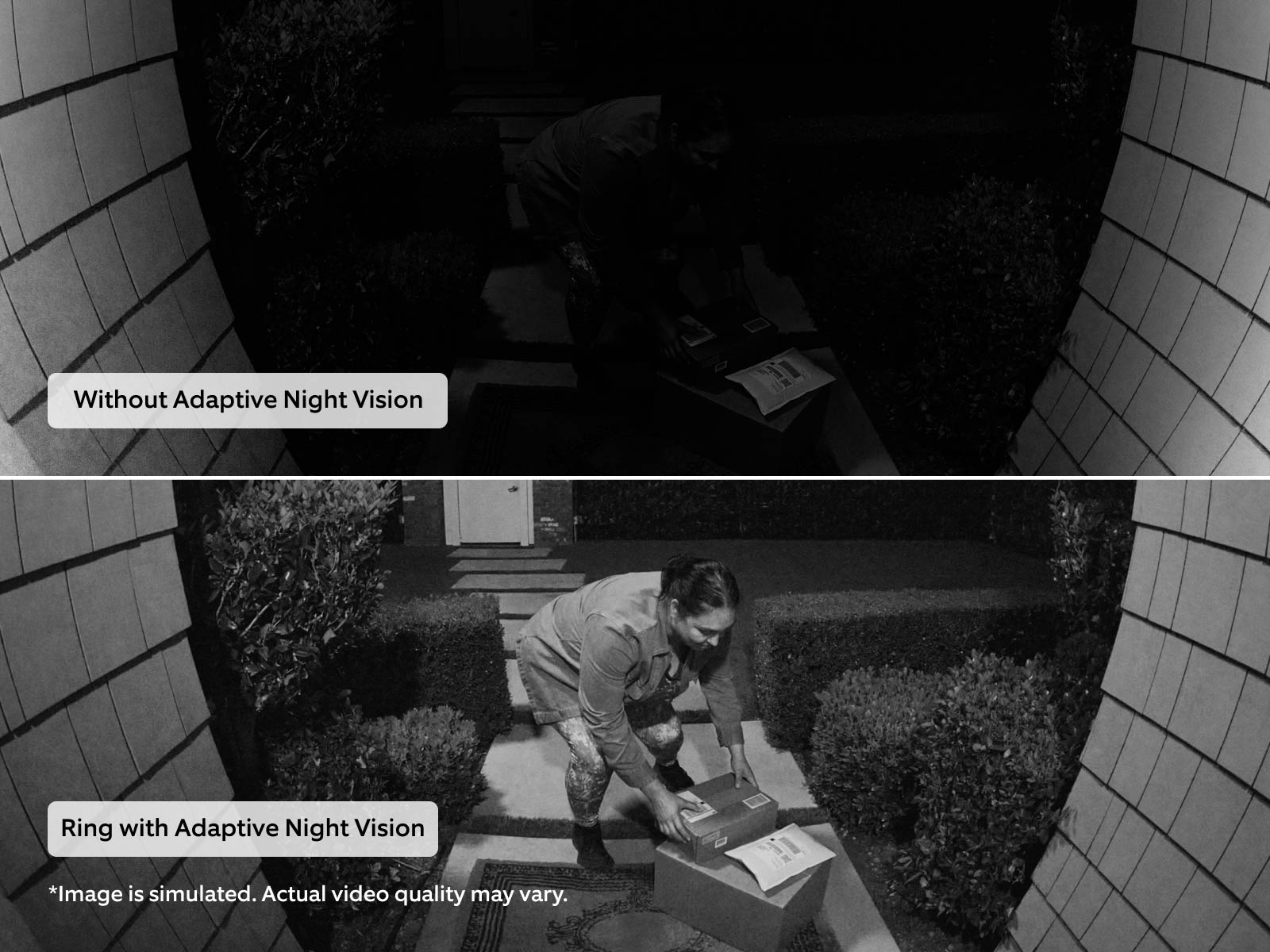 ChatGPT said:  Split-screen comparison shows a person handling packages at night. The top image without Adaptive Night Vision is dark and lacks detail, while the bottom image with Adaptive Night Vision is clearer and brighter, revealing more of the scene.