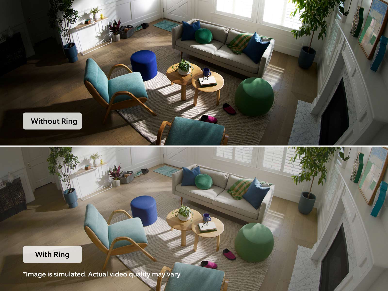 Split comparison image of a modern living room: top labeled 