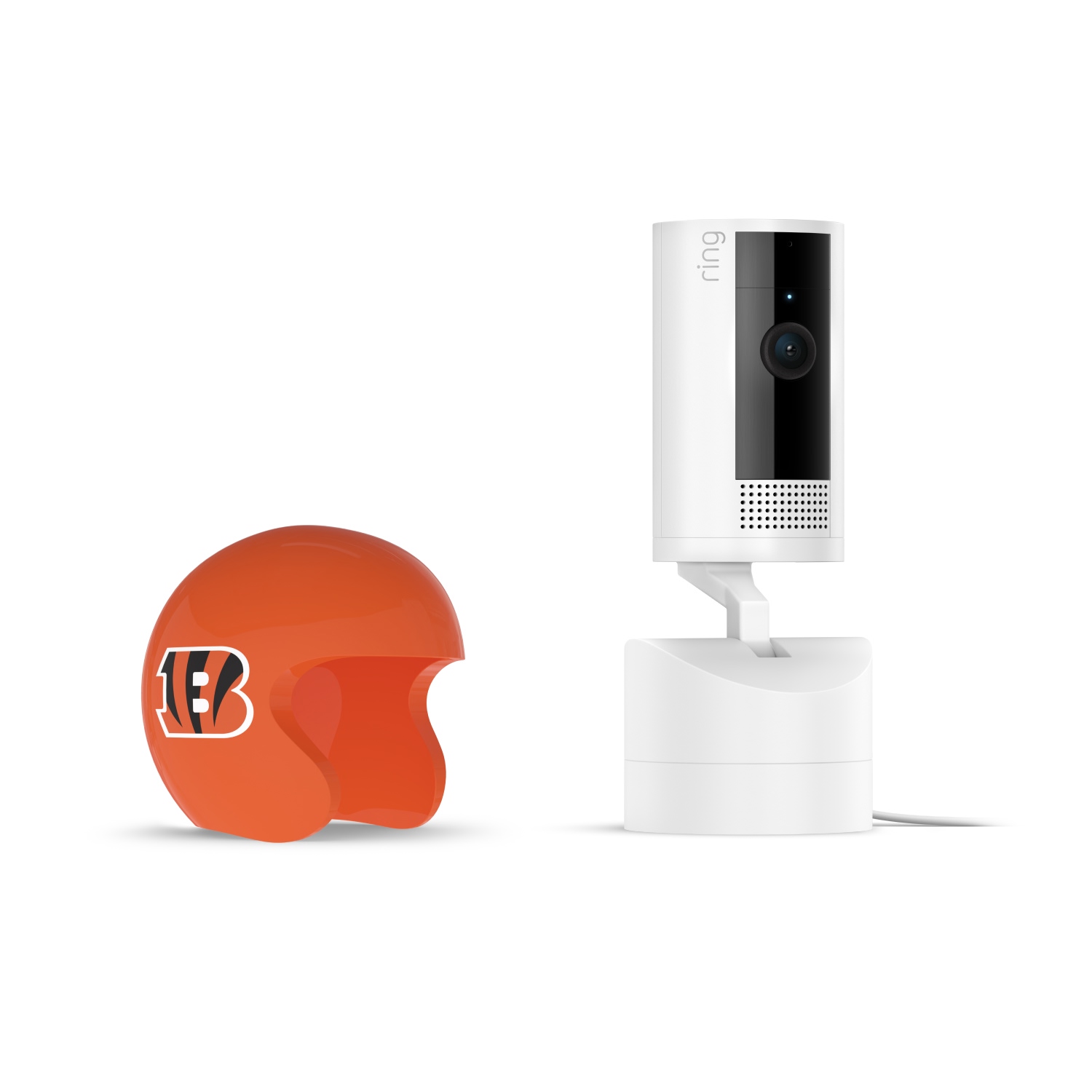 Pan-Tilt Indoor Cam, White + NFL Game Day Cam Cover — AFC - White Ring Pan-Tilt indoor camera on a stand beside an orange mini football helmet with a black-and-orange “B” logo, on a white background.