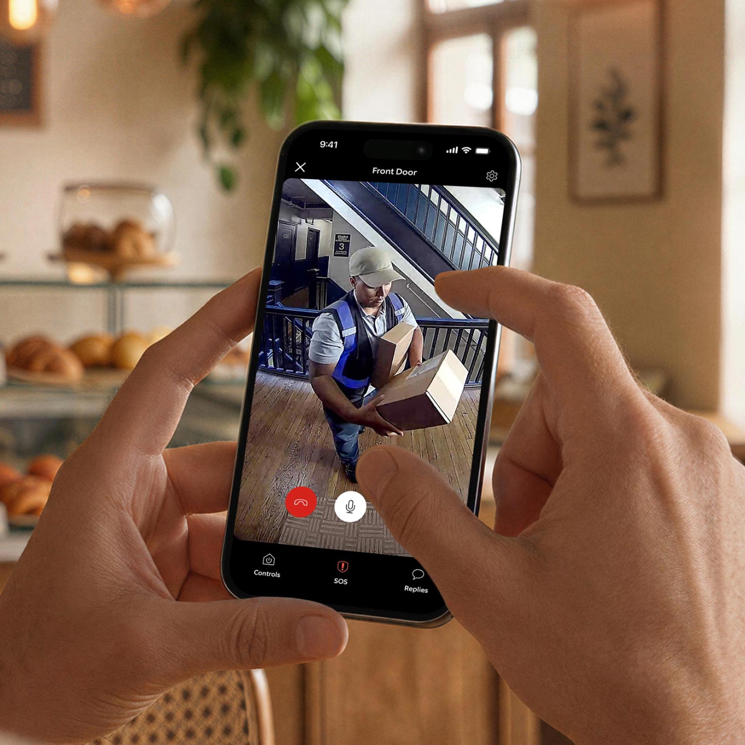 Person holding a smartphone at a desk, viewing ring doorbell app showing a visitor waving beside a paper bag of groceries on a porch.