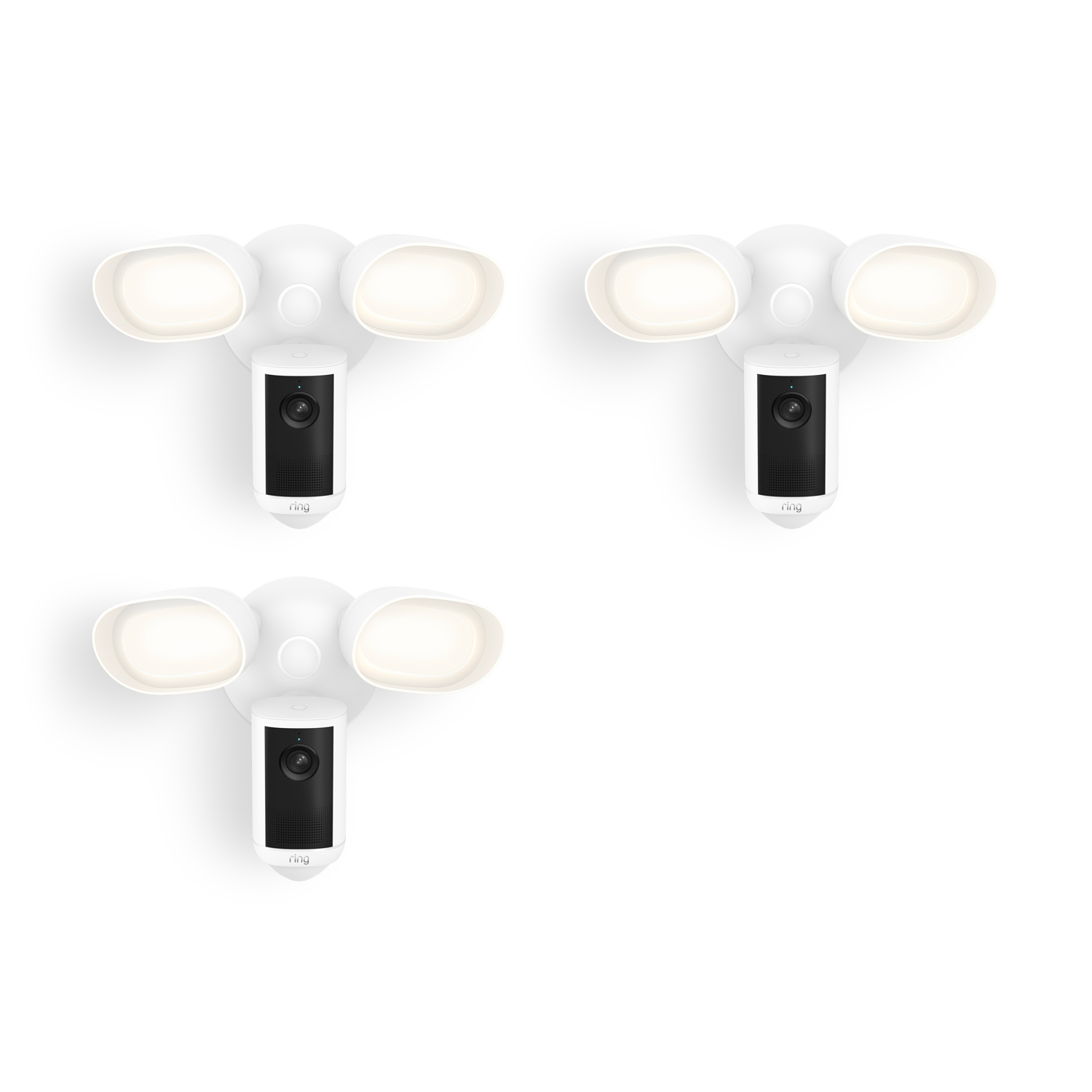 Floodlight Cam 4K Plus - Set of three white outdoor floodlight camera units with dual LED lights and a central camera, shown against a plain white background.