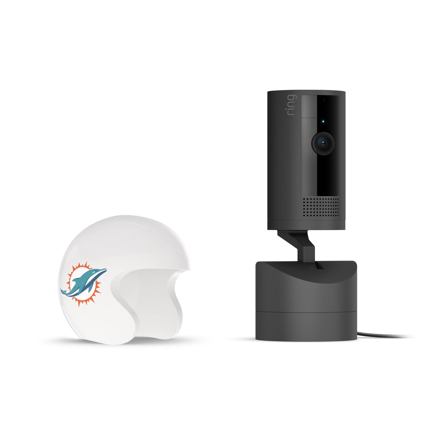 Pan-Tilt Indoor Cam, Black + NFL Game Day Cam Cover — AFC - Black Ring indoor camera on a stand next to a white mini football helmet with a teal dolphin logo on a white background.