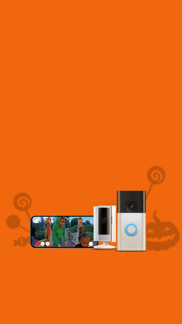 Ring Battery Doorbell and Indoor Cam over an orange background, next to a a horizontal iPhone showing children dressed in halloween costumes.