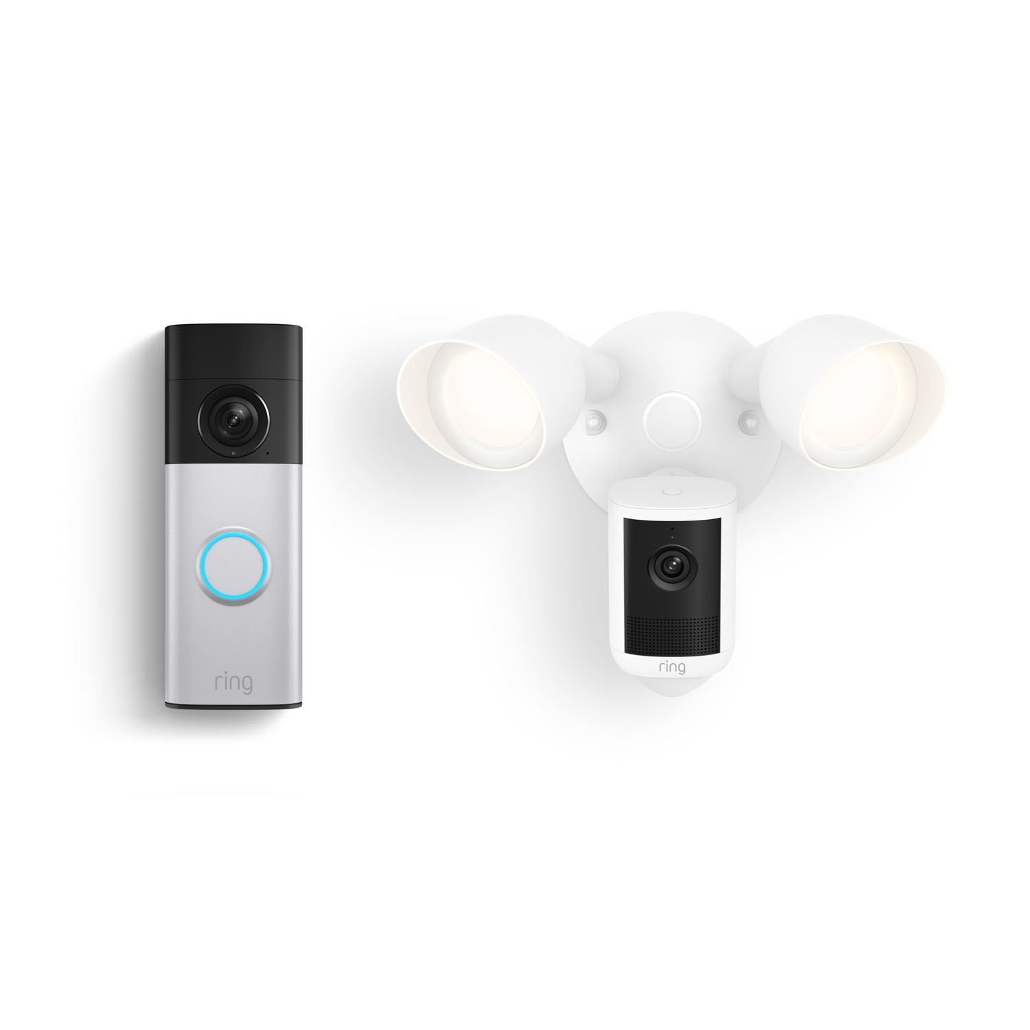Battery Doorbell Plus (Newest Model) + Floodlight Cam, Wired (Newest Model) - Ring video doorbell with glowing blue ring beside a white floodlight camera with two lit lamps on a white background.