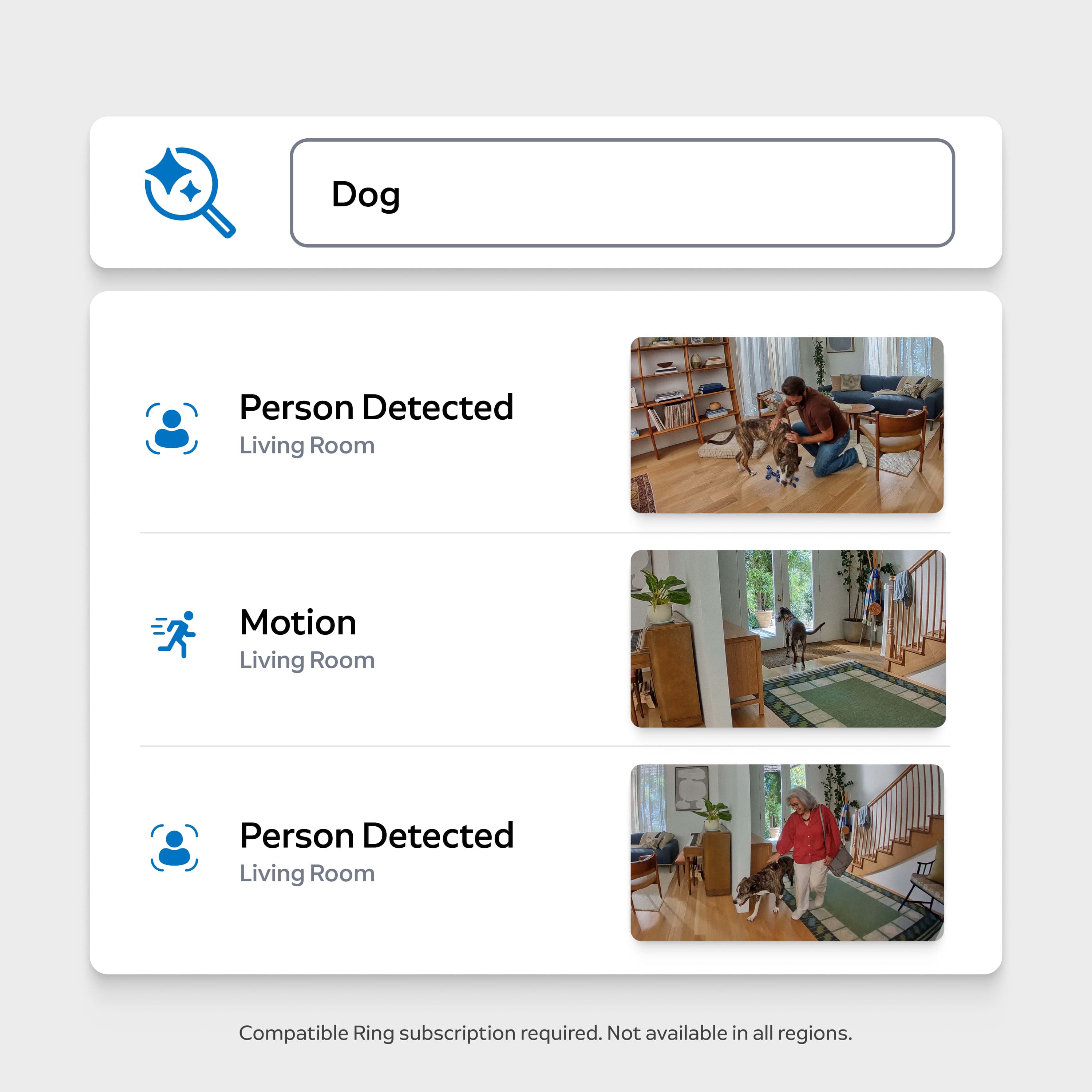 App screen shows search for “Dog” with three Living Room clips: person with dog by couch, dog moving near entryway, and person with dog.