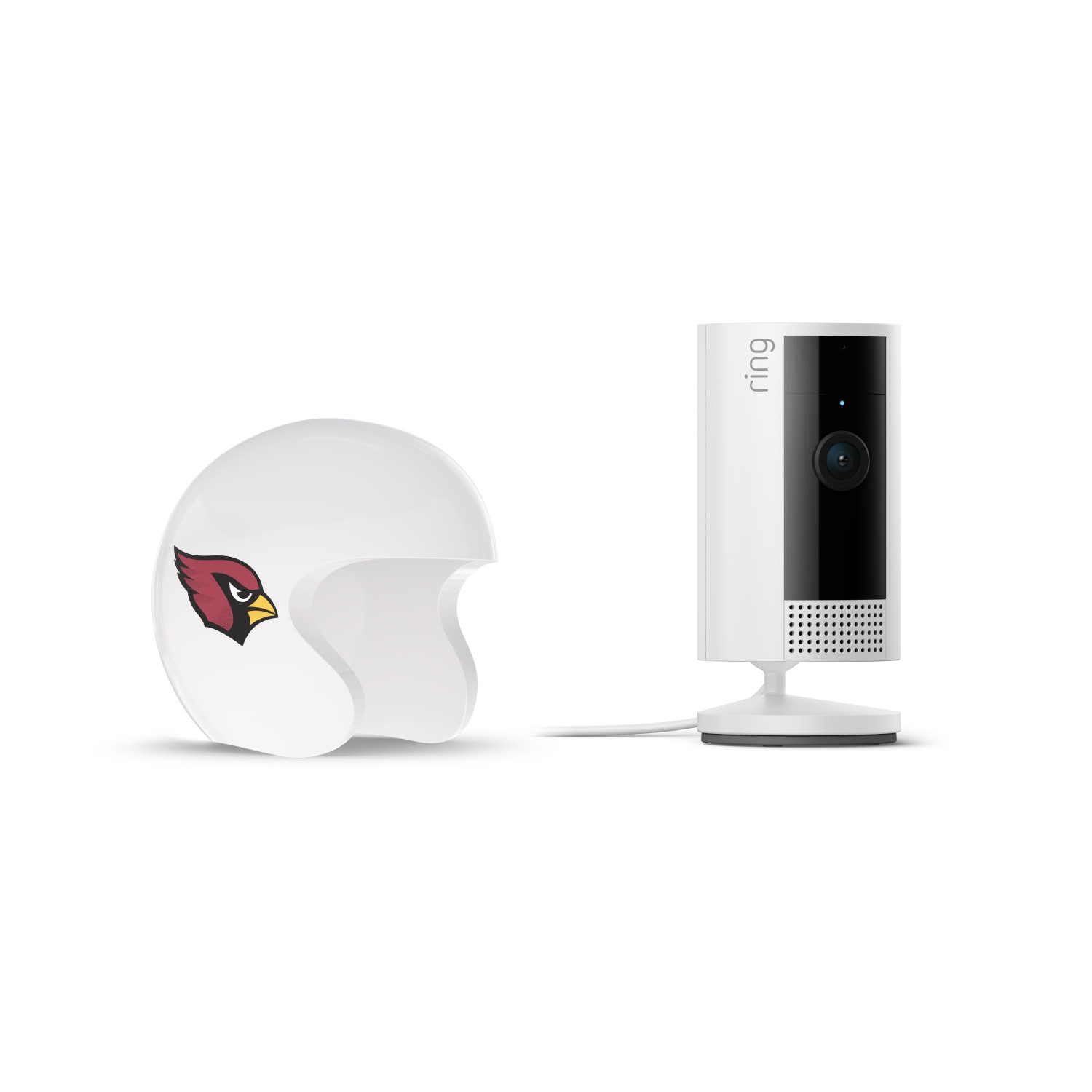 Indoor Cam, White + NFL Game Day Cam Cover — NFC - White Ring indoor camera on a stand beside a white mini football helmet with a red cardinal logo, on a plain white background.