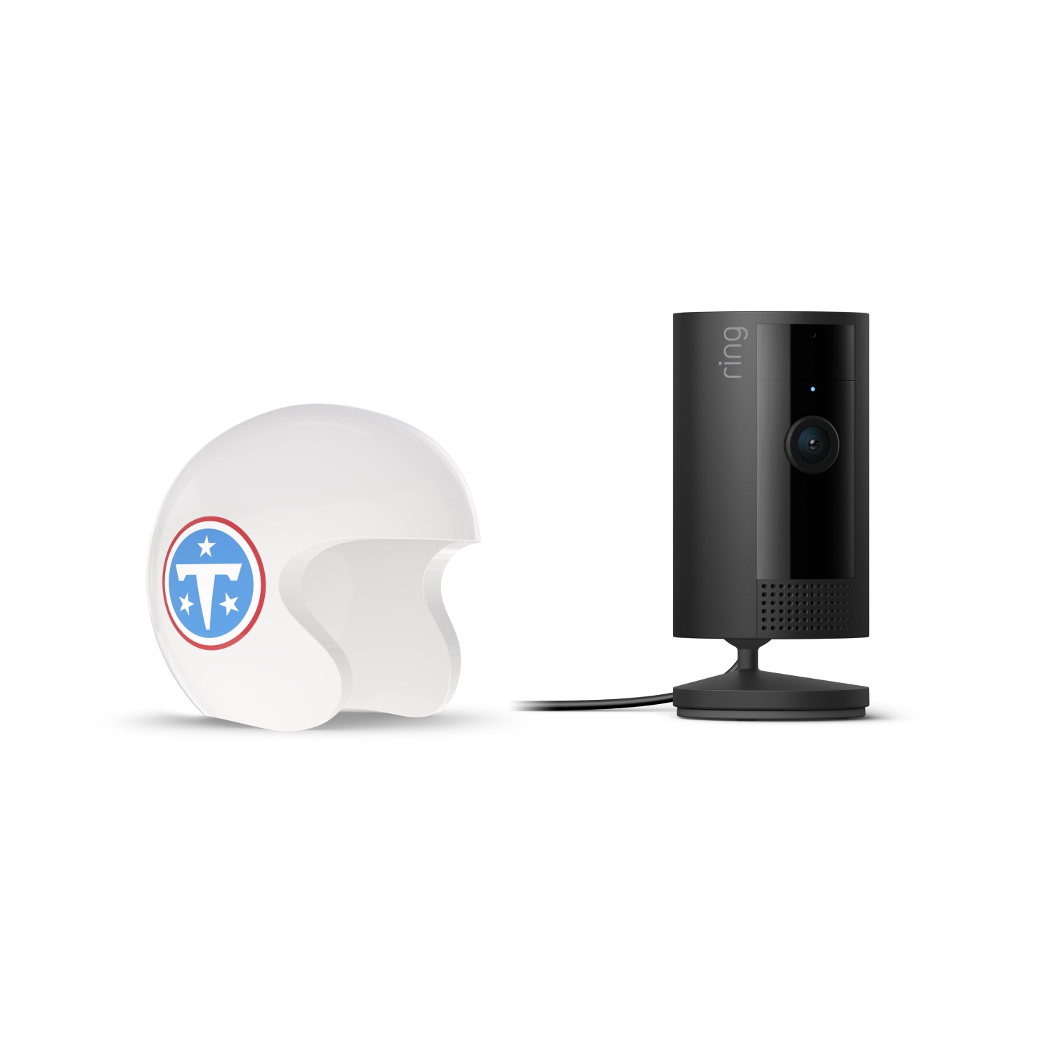 Indoor Cam, Black + NFL Game Day Cam Cover — AFC - Black Ring indoor camera on a stand next to a white helmet with a blue and red logo, set against a plain white background.