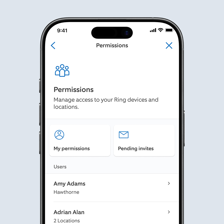 Smartphone showing Ring app Permissions screen with options for My permissions and Pending invites, plus a users list with names.