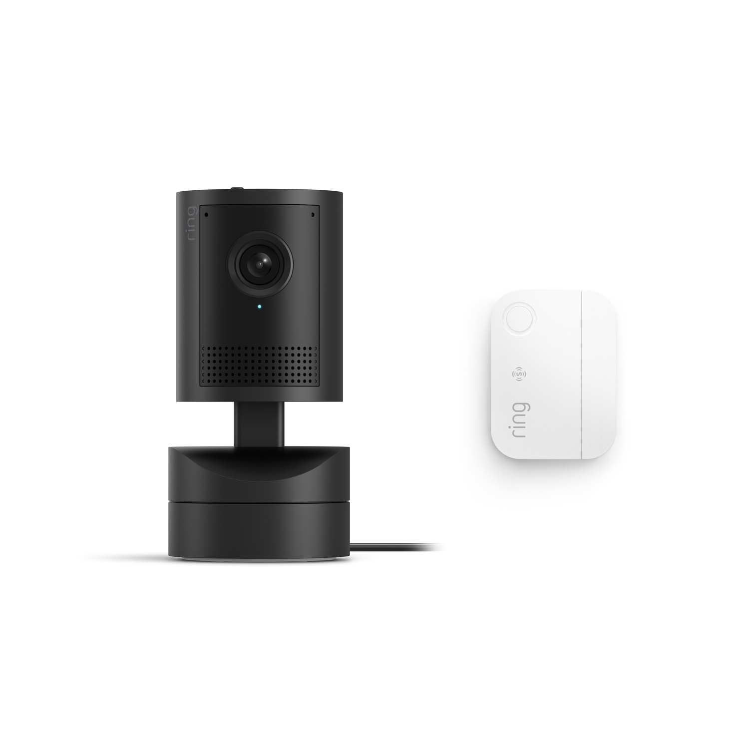 Pan-Tilt Indoor Cam 2K + Window and Door Sensor - Black Pan-tilt indoor security camera on a base with power cord, shown beside a small white Ring-branded wireless module.