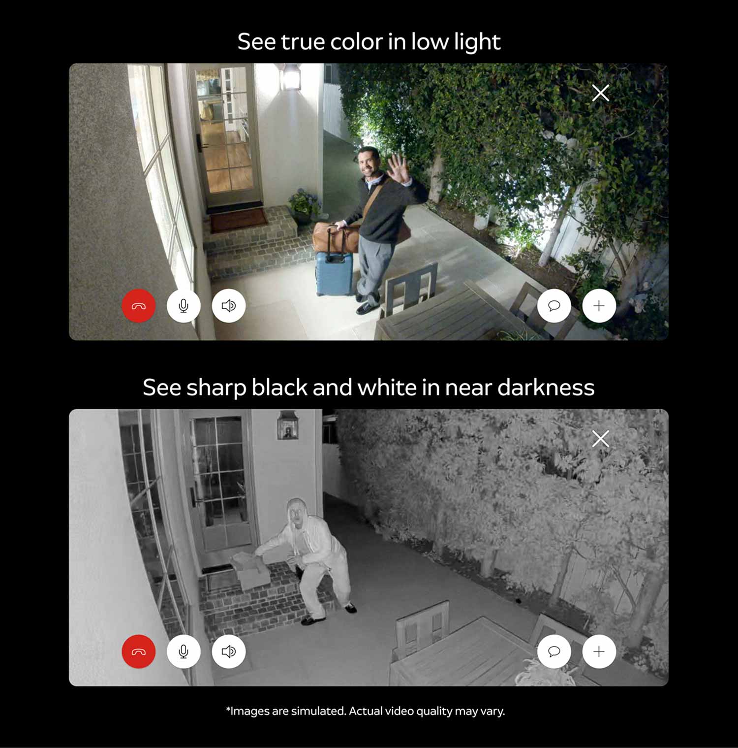 Two split images from a doorbell camera: top shows a visitor waving with luggage in color at dusk; bottom shows the same porch in night-vision black and white.