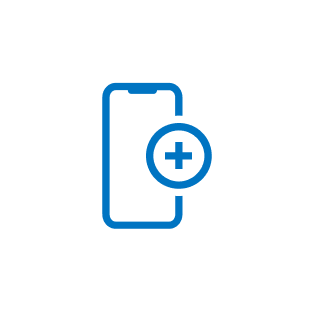 Blue smartphone icon with a plus sign on a white circular background, indicating add or create new on mobile.