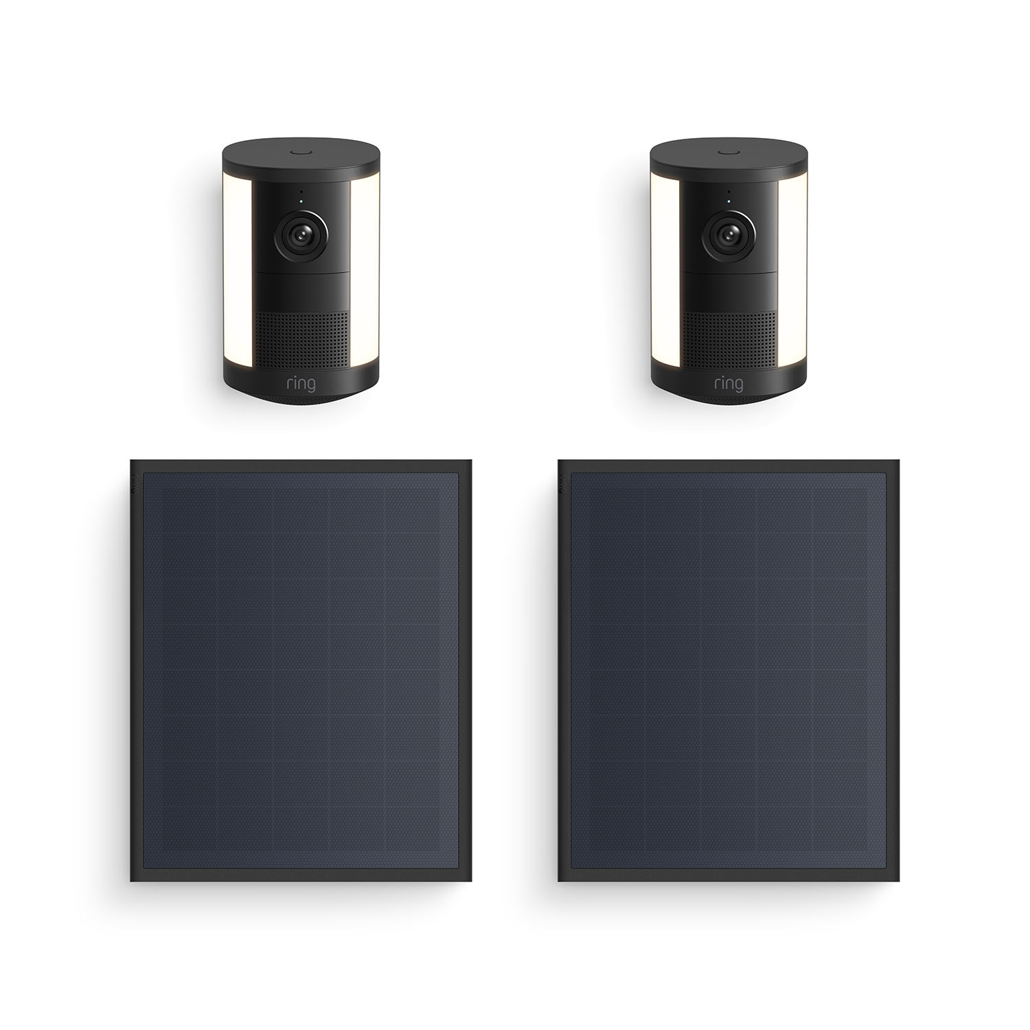 Spotlight Cam 4K Plus - Two black Ring spotlight cameras with lights, paired with two rectangular black solar panels on a white background.
