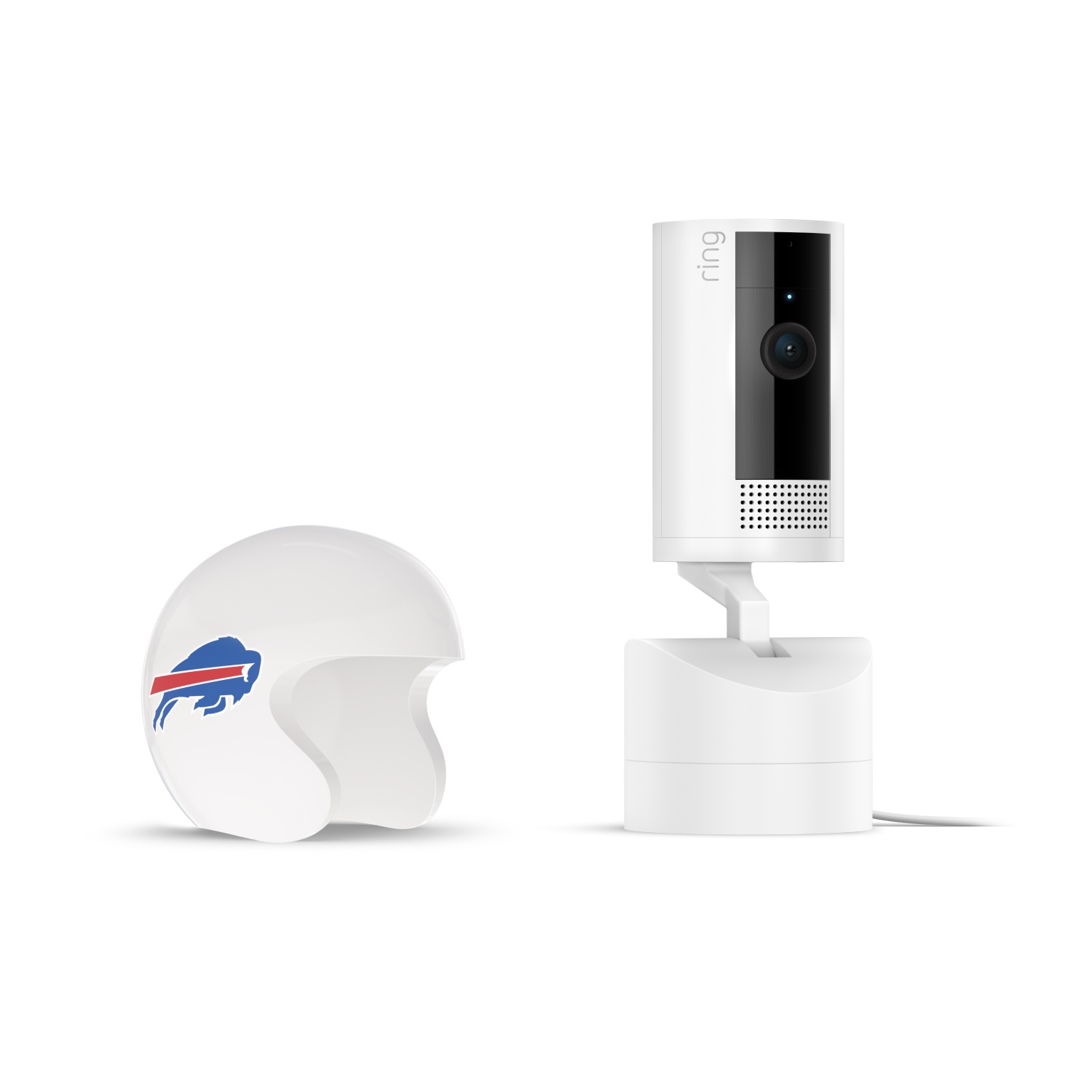 Pan-Tilt Indoor Cam, White + NFL Game Day Cam Cover — AFC - White Ring Pan-Tilt indoor camera on a stand next to a small white football helmet with a blue buffalo logo, on a plain white background.
