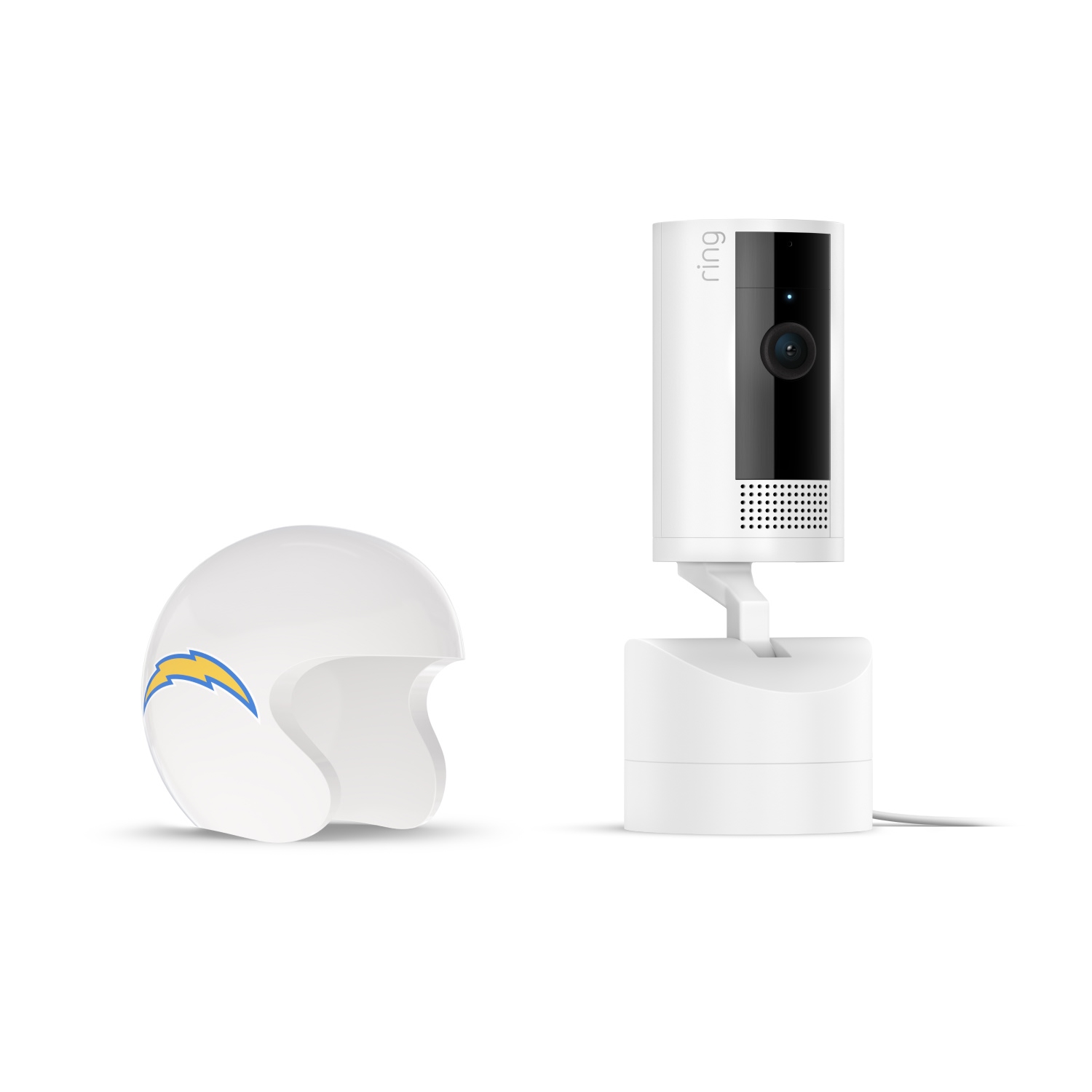 Pan-Tilt Indoor Cam, White + NFL Game Day Cam Cover — AFC - White Ring pan-tilt indoor camera on a stand next to a small white football helmet with a blue and yellow lightning bolt logo on the side.
