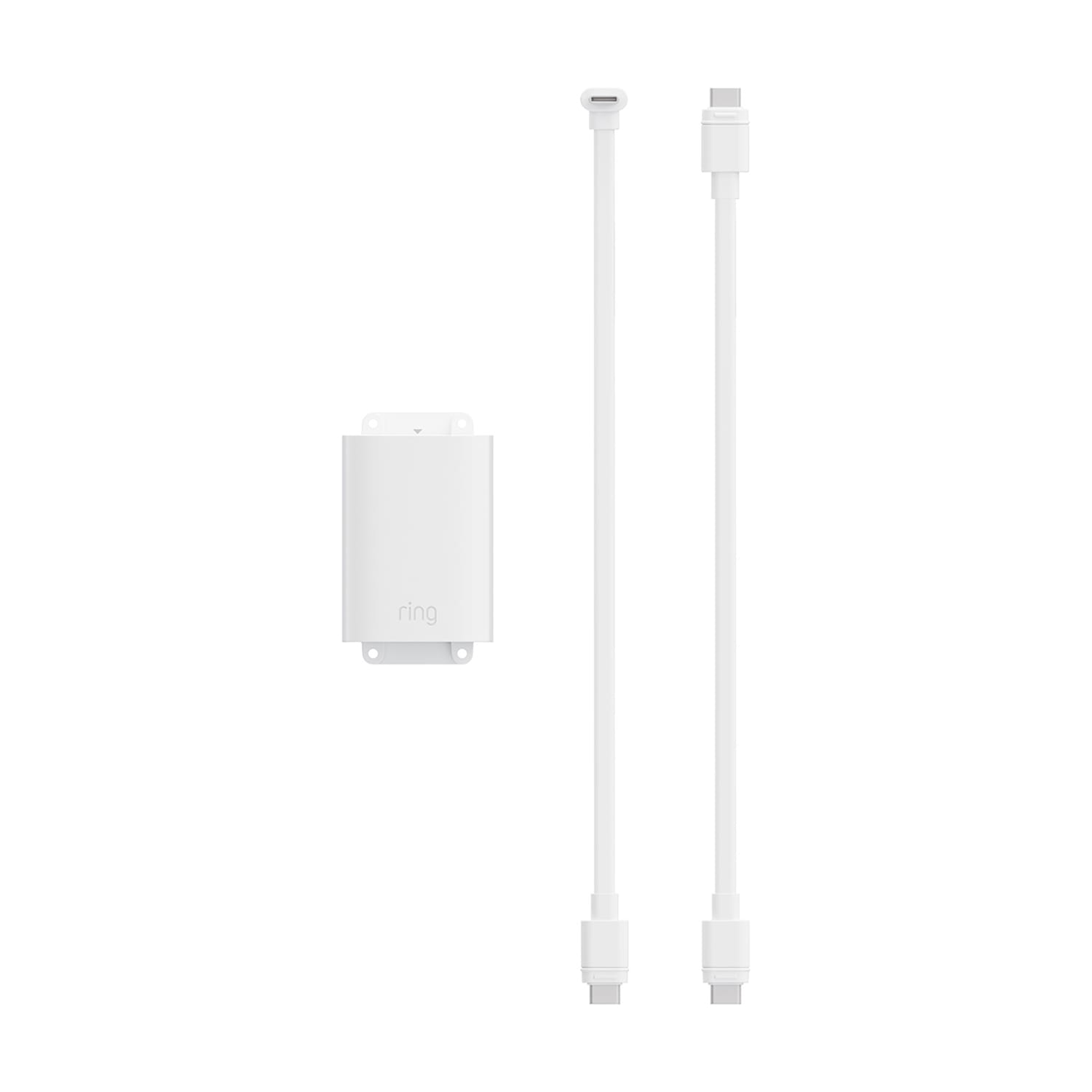 PoE+ to USB-C Indoor Adapter (Indoor Cam 4K, Outdoor Cam 4K Plus, Outdoor Cam 4K Pro, Outdoor Cam Plus) - White Ring power adapter kit with wall-mount module and two long white cables featuring sealed connectors, shown on a plain white background.