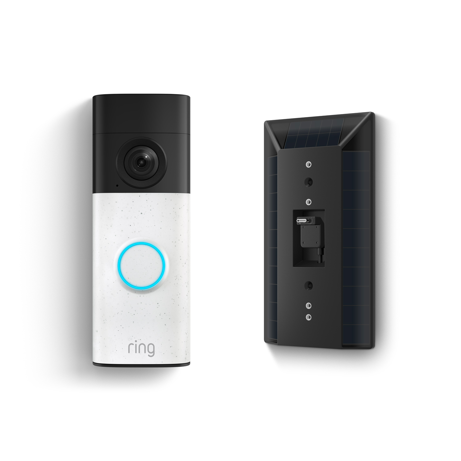 Battery Doorbell 2K + Solar Charger - Battery Doorbell 2K with glowing blue button next to a black solar panel mount showing a USB-C charging port.