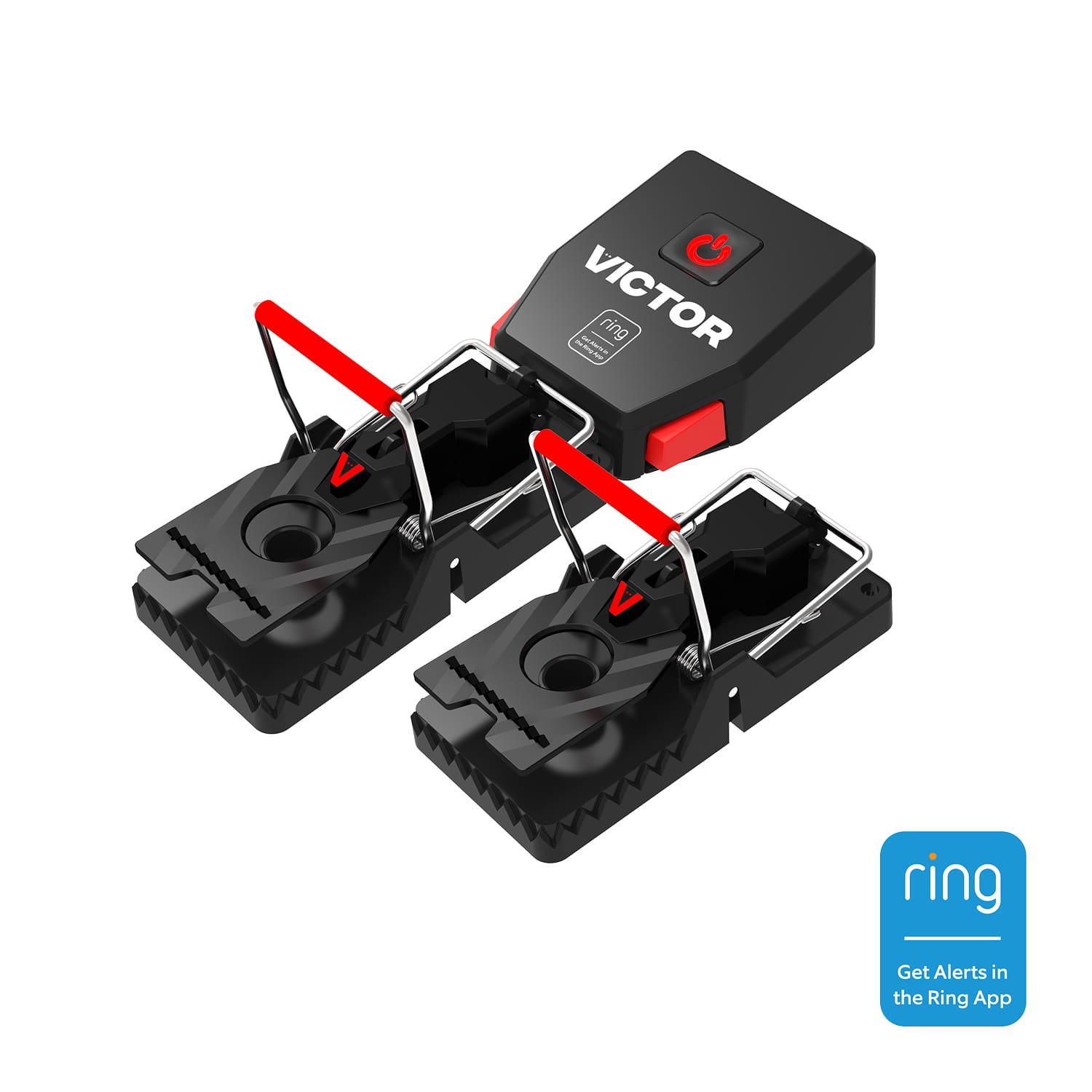 Victor® Smart Mouse Trap, Indoor Snap Trap - Black Victor smart mousetrap with two connected snap traps, red accents, and a Ring app badge on a white background.