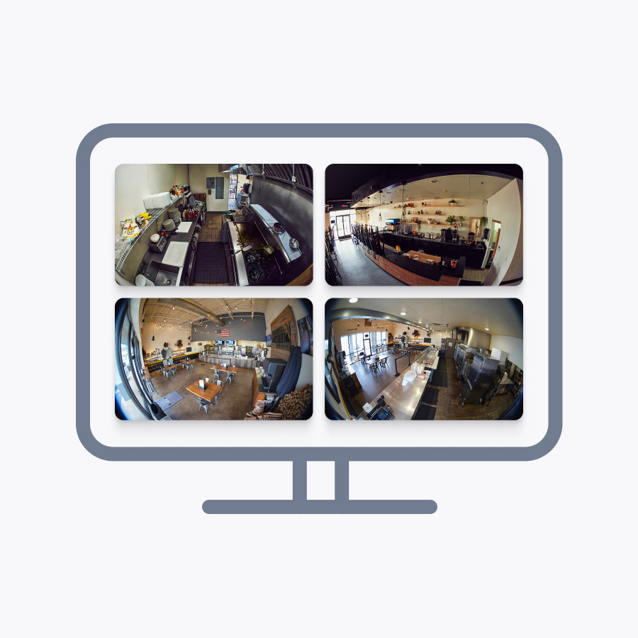 A drawn outline of a computer monitor showing a grid of four security camera videos.