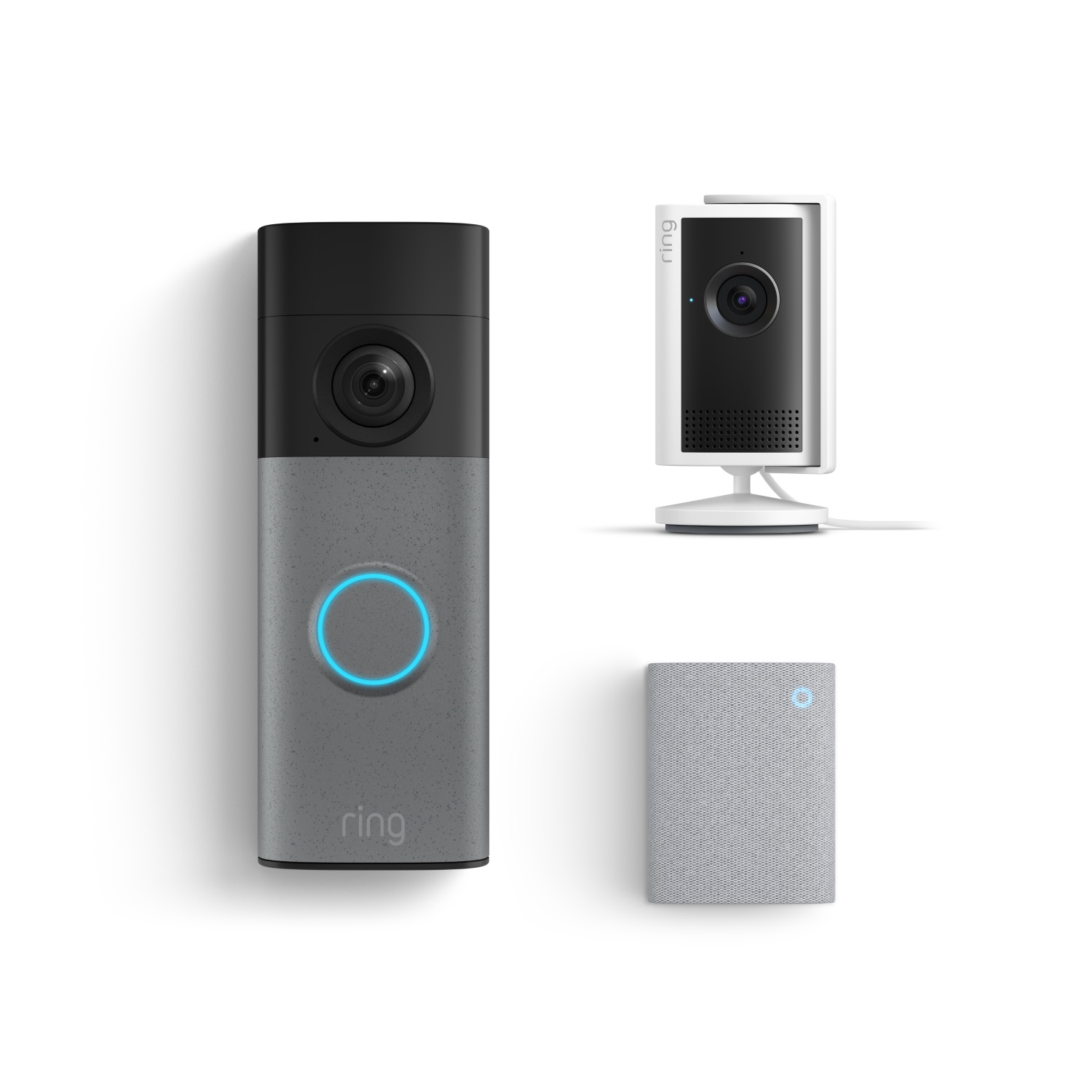 Battery Doorbell (Newest Model) + Indoor Cam Plus + Chime (Newest Model) - Ring doorbell with glowing blue button, a compact indoor camera on a stand, and a small gray chime speaker on white background.