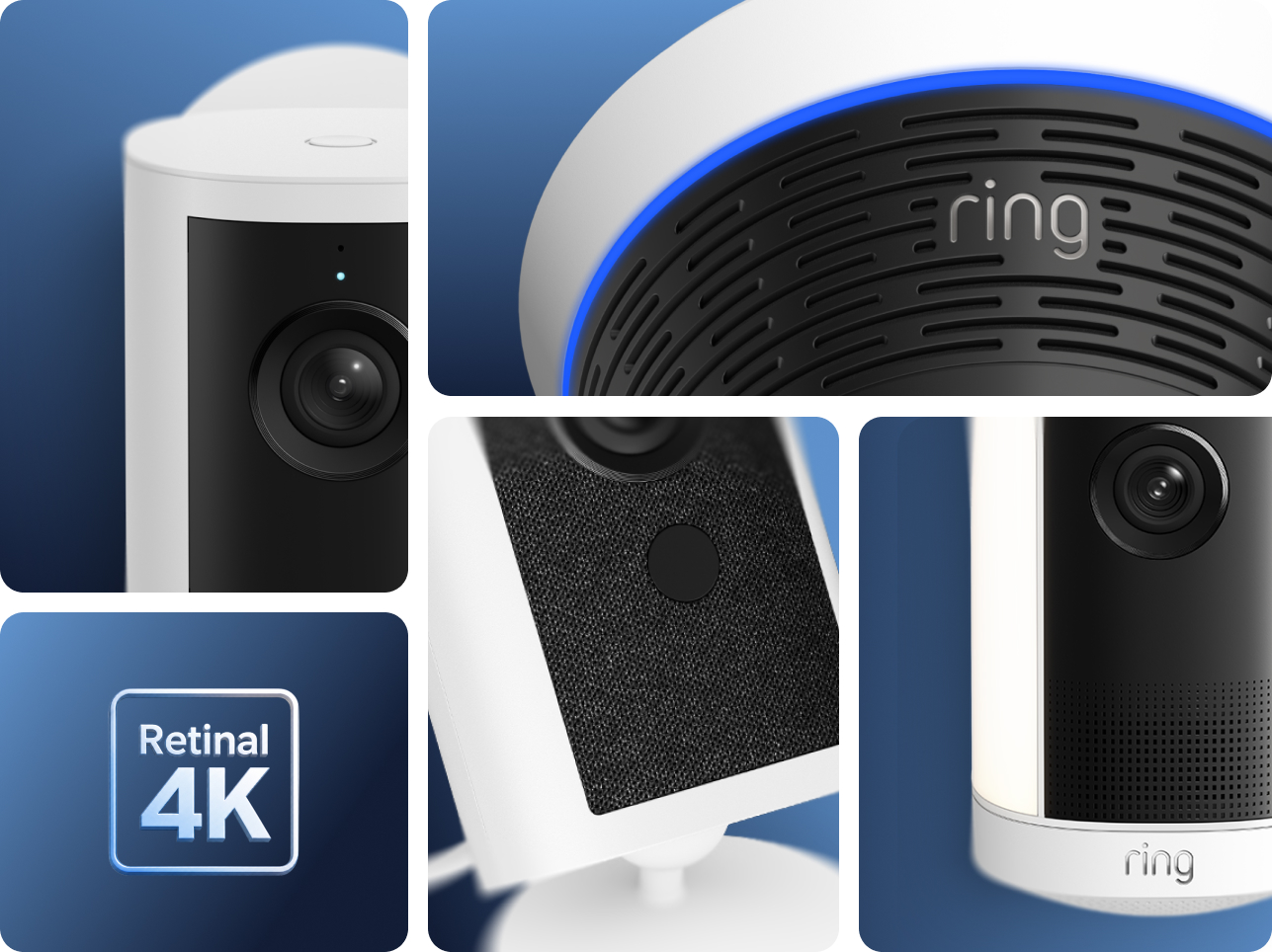 Collage of Ring indoor cameras and a smart speaker with blue LED ring, close-up lenses, mesh speaker grille, and “Retinal 4K” badge.