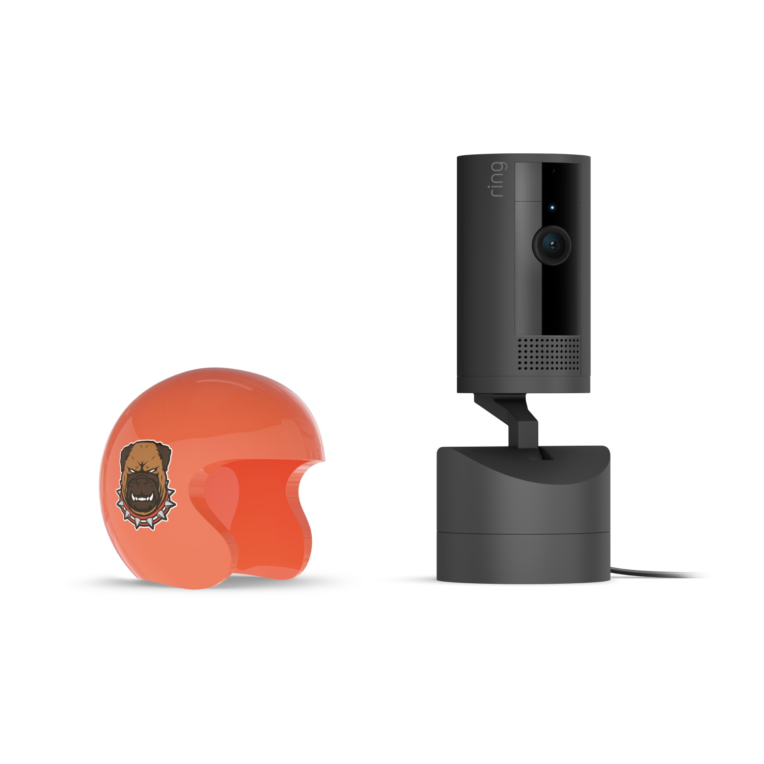 Pan-Tilt Indoor Cam, Black + NFL Game Day Cam Cover — AFC - Black Ring indoor camera on a stand next to an orange open-face helmet with a growling dog graphic on the side, on white background.
