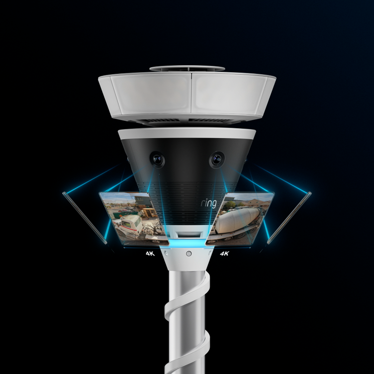 Close-up of a Ring-branded pole-mounted 4K multi-lens camera with triangular housing, displaying stitched panoramic views on a dark background.