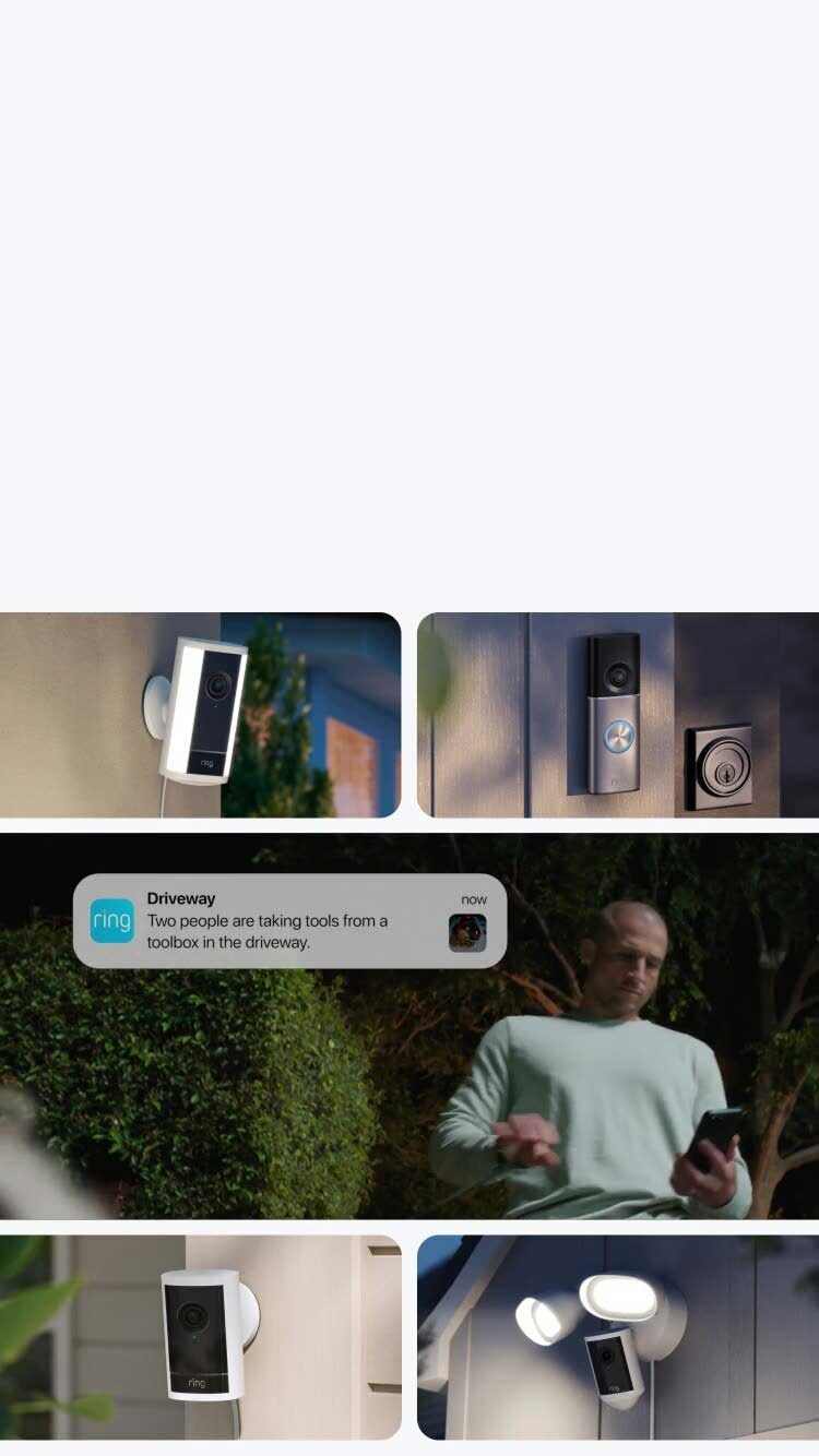 Four Retinal 4K security cameras are shown monitoring a home, while a man receives a real-time alert on his phone about suspicious driveway activity.