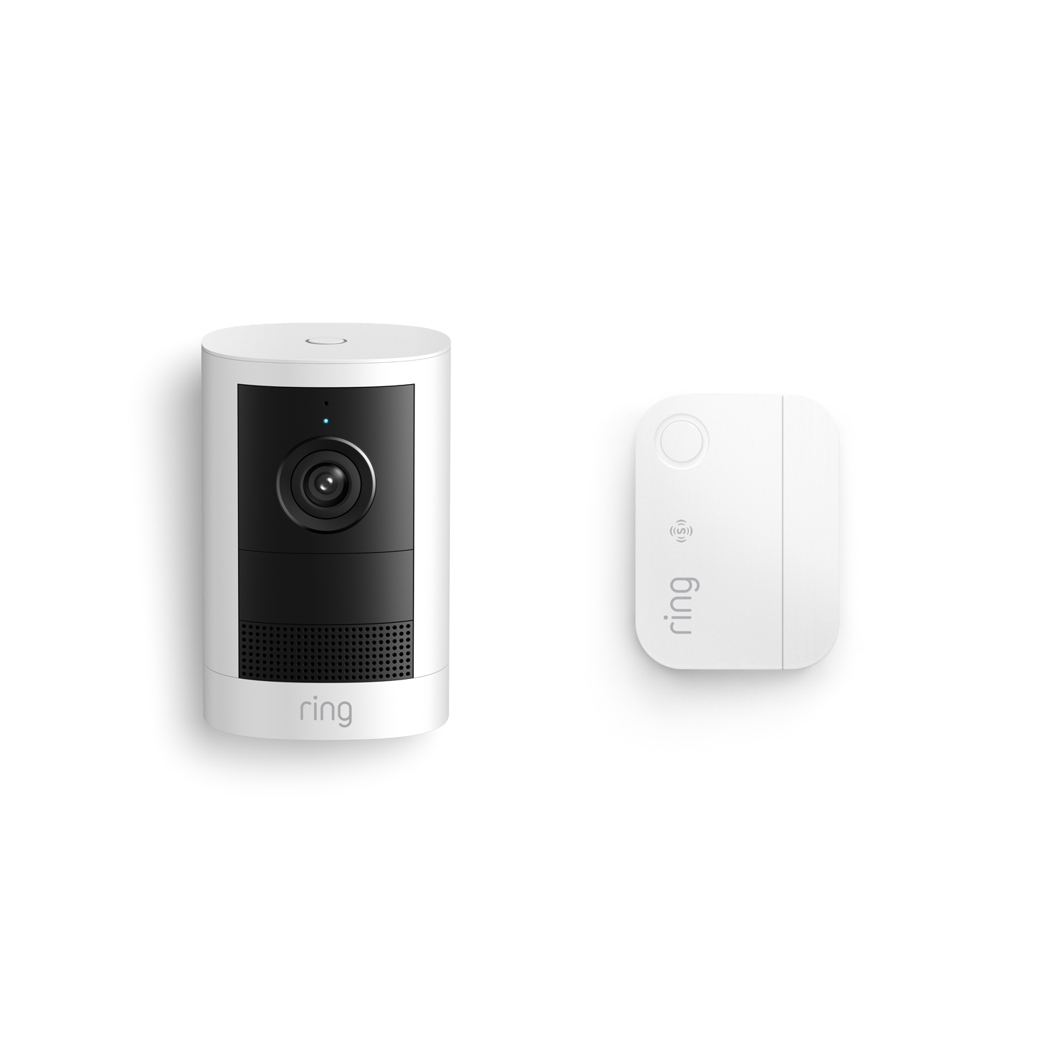 Outdoor Cam 2K, Battery + Window & Door Sensor - Ring indoor camera with black lens panel and speaker grille, shown beside a small white Ring hub on a plain white background.
