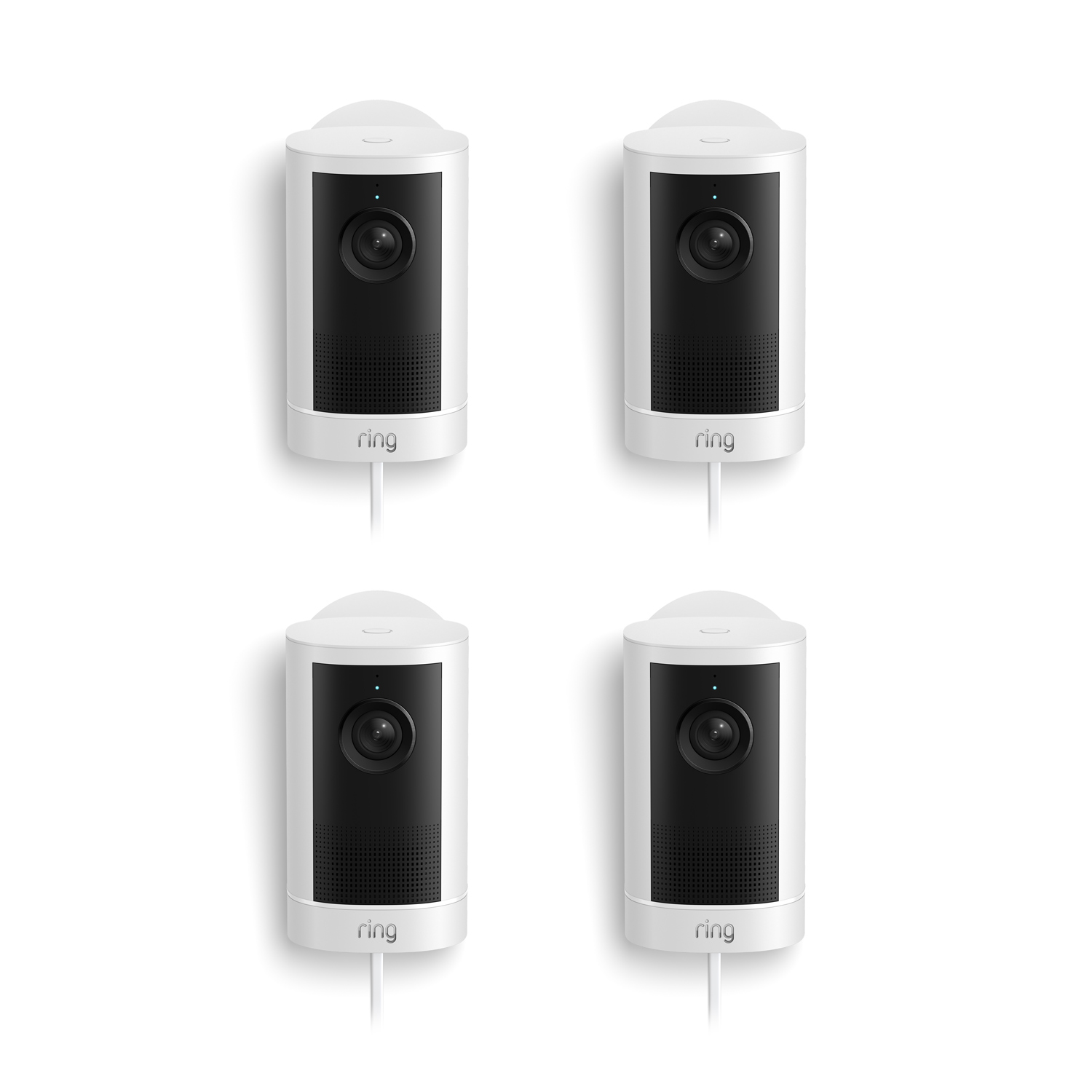 Outdoor Cam 4K Plus  - Set of four white Ring plug-in cameras with black faceplates, front lenses, and status lights on a white background.