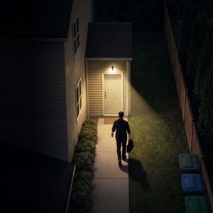 Person walking up a night-lit path to a back door, carrying a bag; porch light and small camera above the door illuminate the entry.