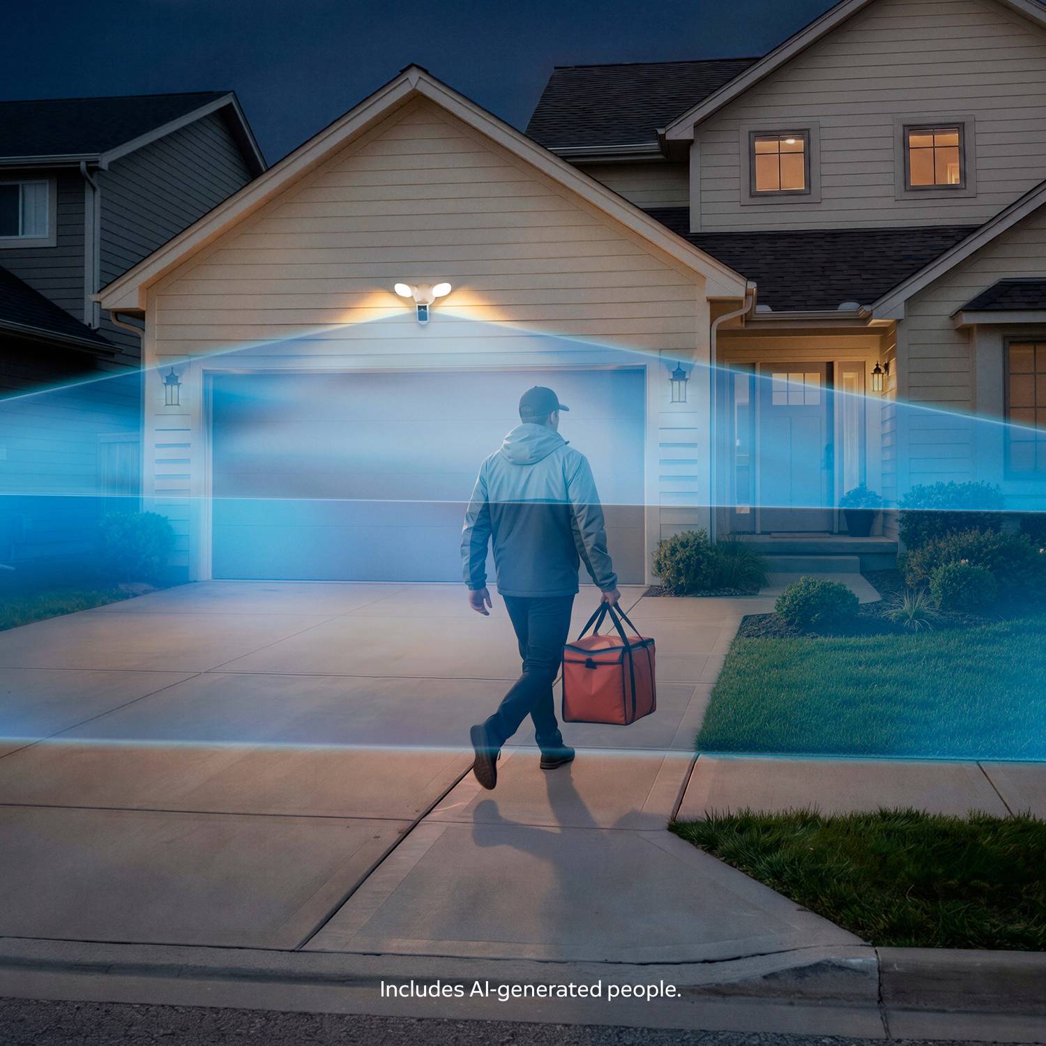 Delivery person walking up a driveway at night toward a lit suburban home, carrying an orange insulated bag under a motion light.