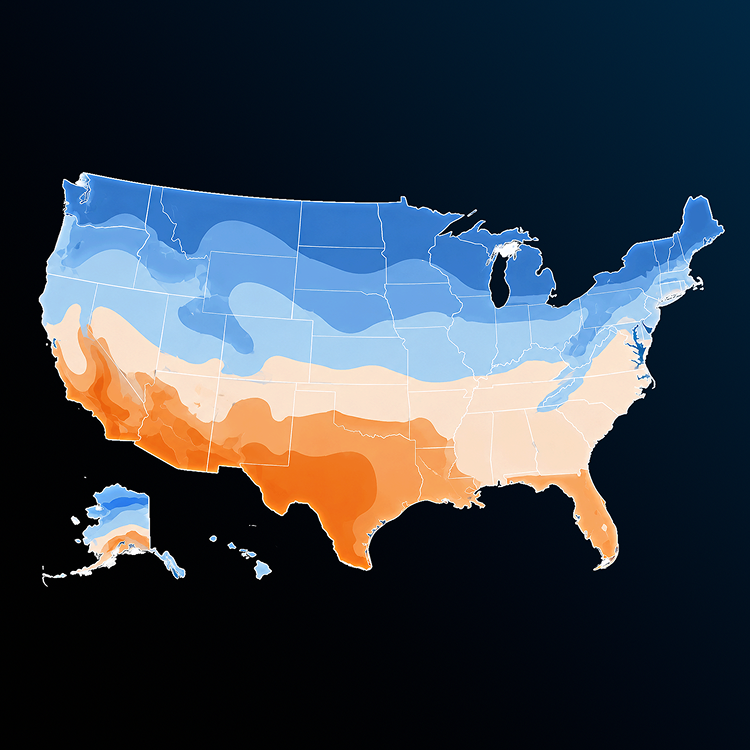 US map with gradient zones: cooler blues across the North, warmer oranges in the South and Southwest, showing sun exposure ranges.