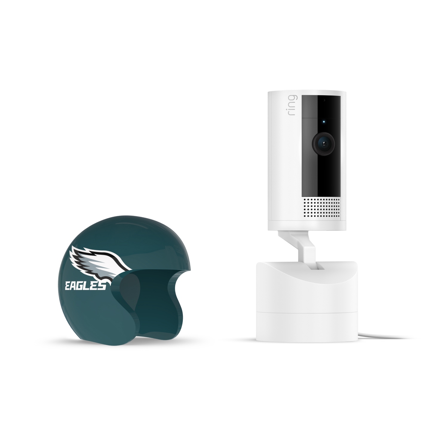 Pan-Tilt Indoor Cam, White + NFL Game Day Cam Cover — NFC - White Ring indoor camera on stand next to a dark green mini helmet cover with an Eagles logo, on a white background.