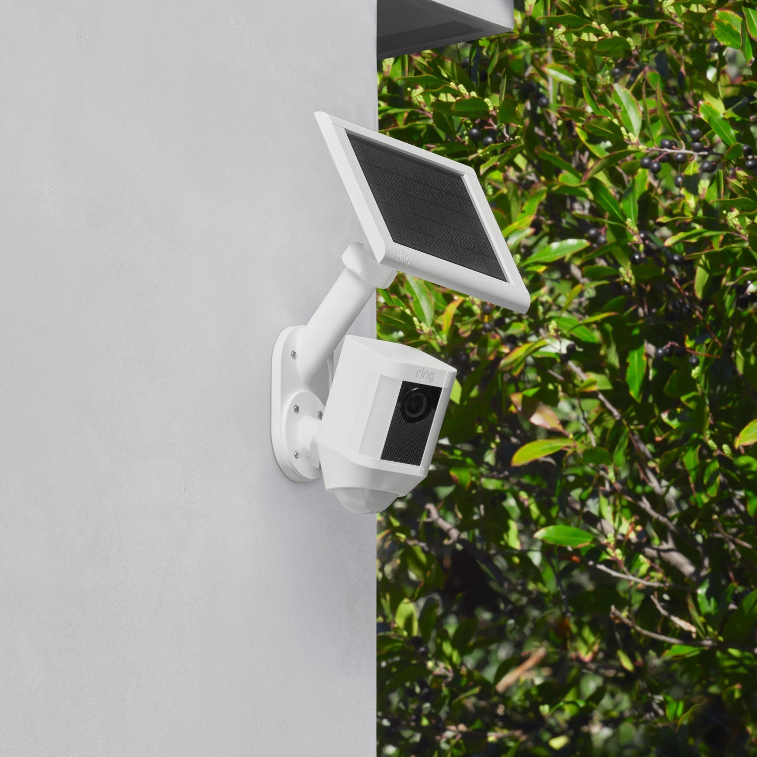 Wall Mount for Solar Panels and Cams - Wall Mount for Solar Panels and Cams in white with Spotlight Cam installed on exterior corner of home.