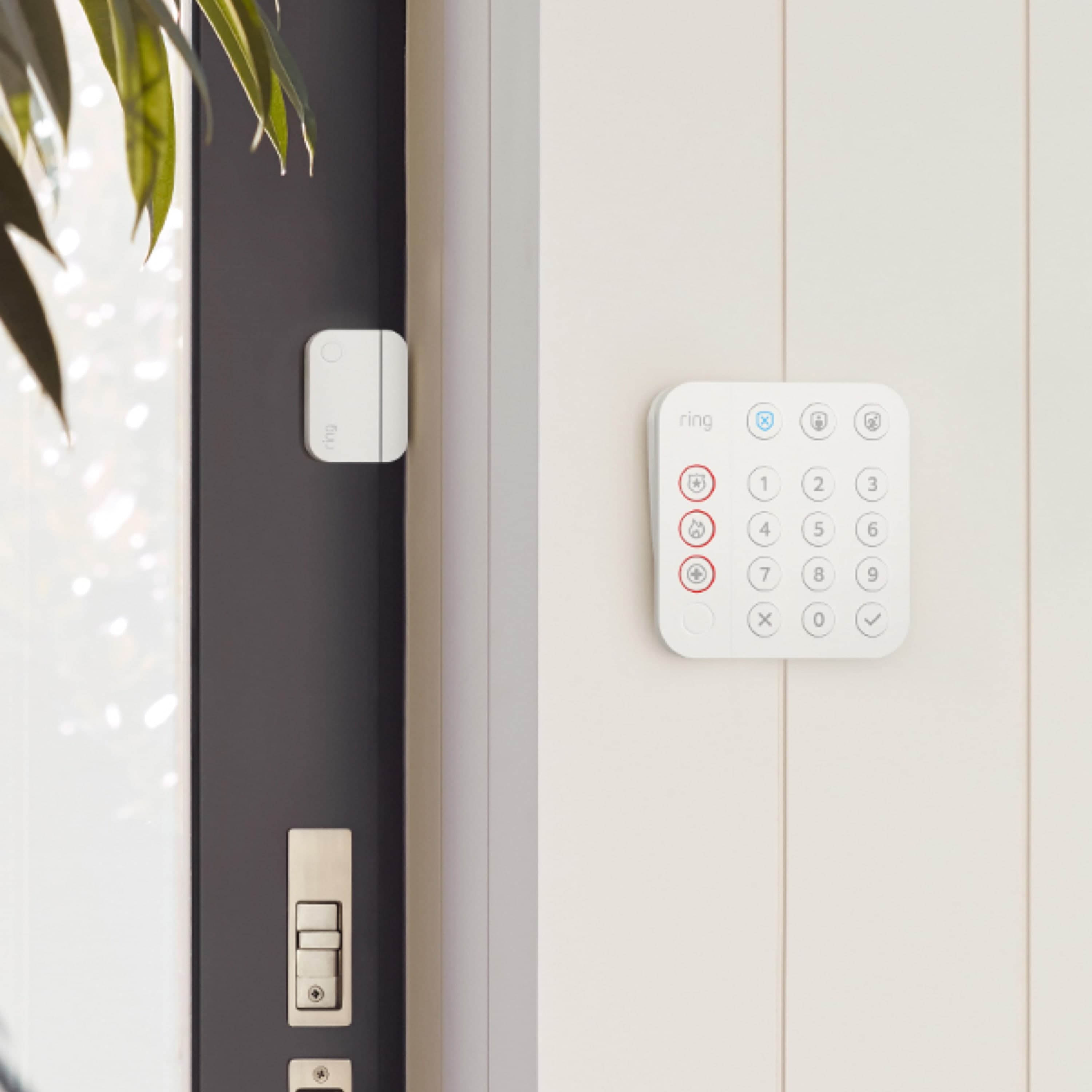 Alarm Pro Security Kit, 8-Piece + Stick Up Cam Battery + Echo Show 5 - Inside front door, a Ring Alarm Keypad is mounted on the wall and Contact Sensor on the door.