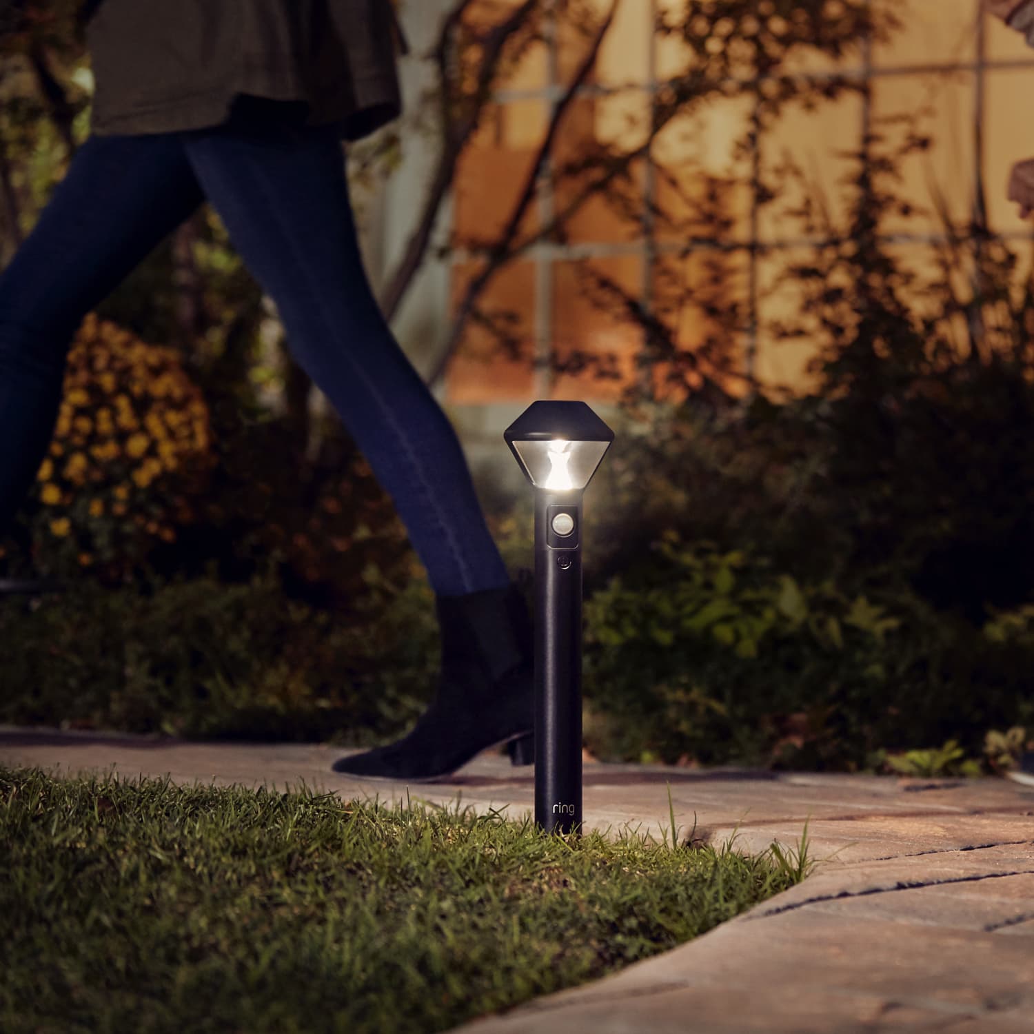 Smart Lighting Solar Pathlight - Illuminated Solar Pathlight installed outdoors near a walkway with two more in the background.