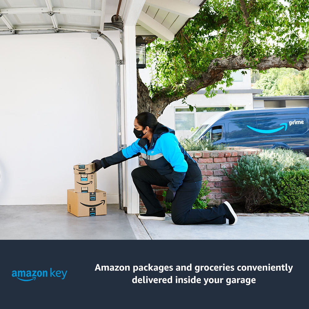 Chamberlain® Smart Garage® Control (for Works with Ring) - Amazon worker placing packages in garage. Text reads: 