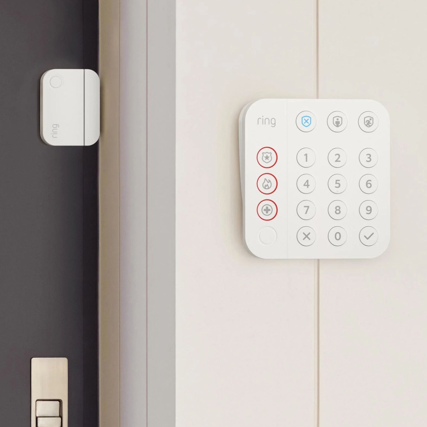 8-Piece Alarm Security Kit + Indoor Cam (2nd Gen) - Alarm keypad mounted on an interior wall next to the front door. A Door Contact Sensor is installed on the door.