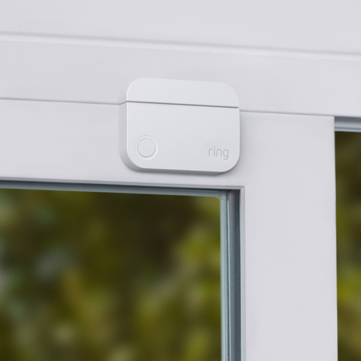 Alarm Pro, 13-Piece Kit (with built-in eero Wi-Fi 6 router and additional eero 6 Wi-Fi Router) - Close-up of Door Contact Sensor for Alarm Pro Security Kit mounted to top frame of white door.