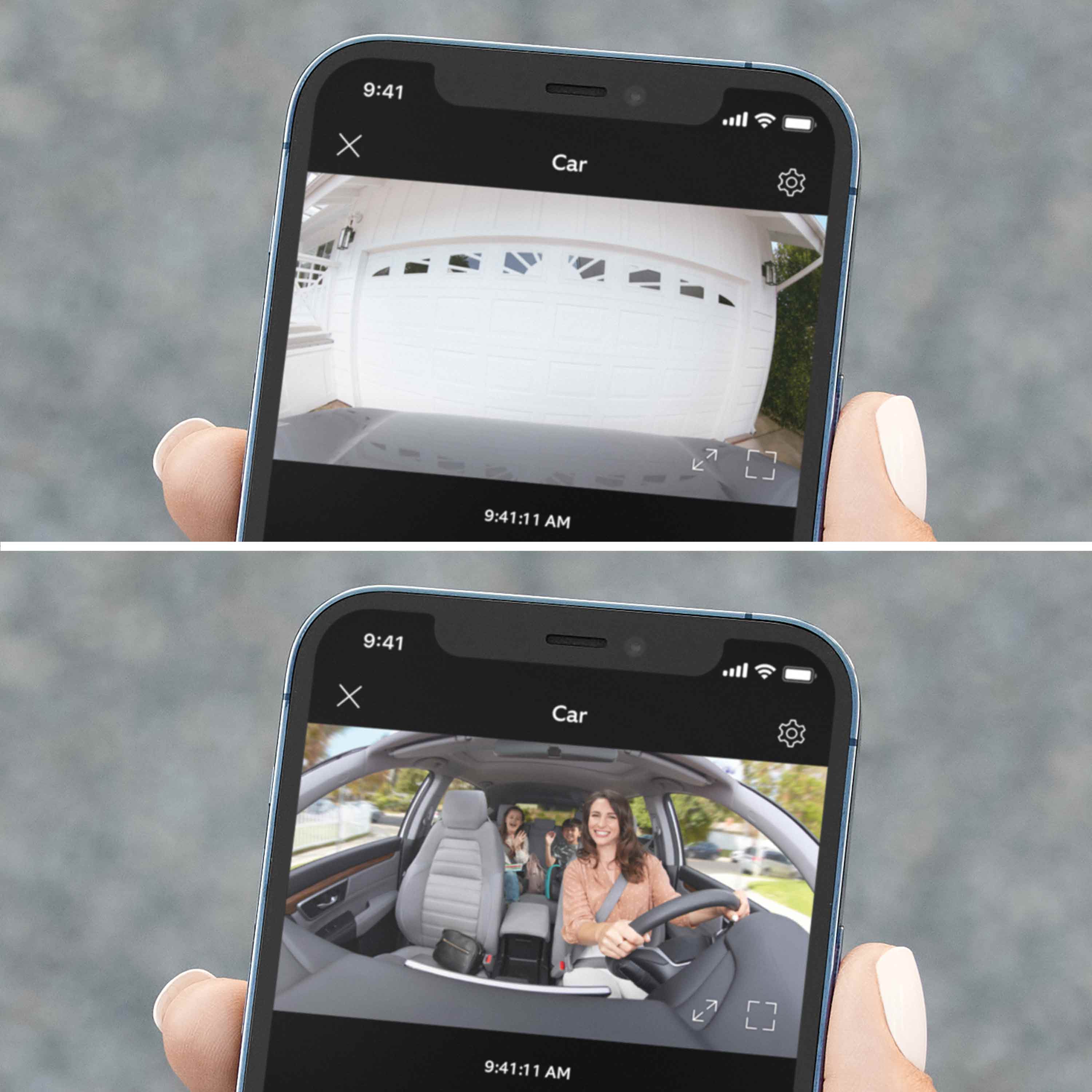 Car Cam - Smartphone showing video from Car Cam cameras. Front view of a garage door and cabin view of passengers inside car.