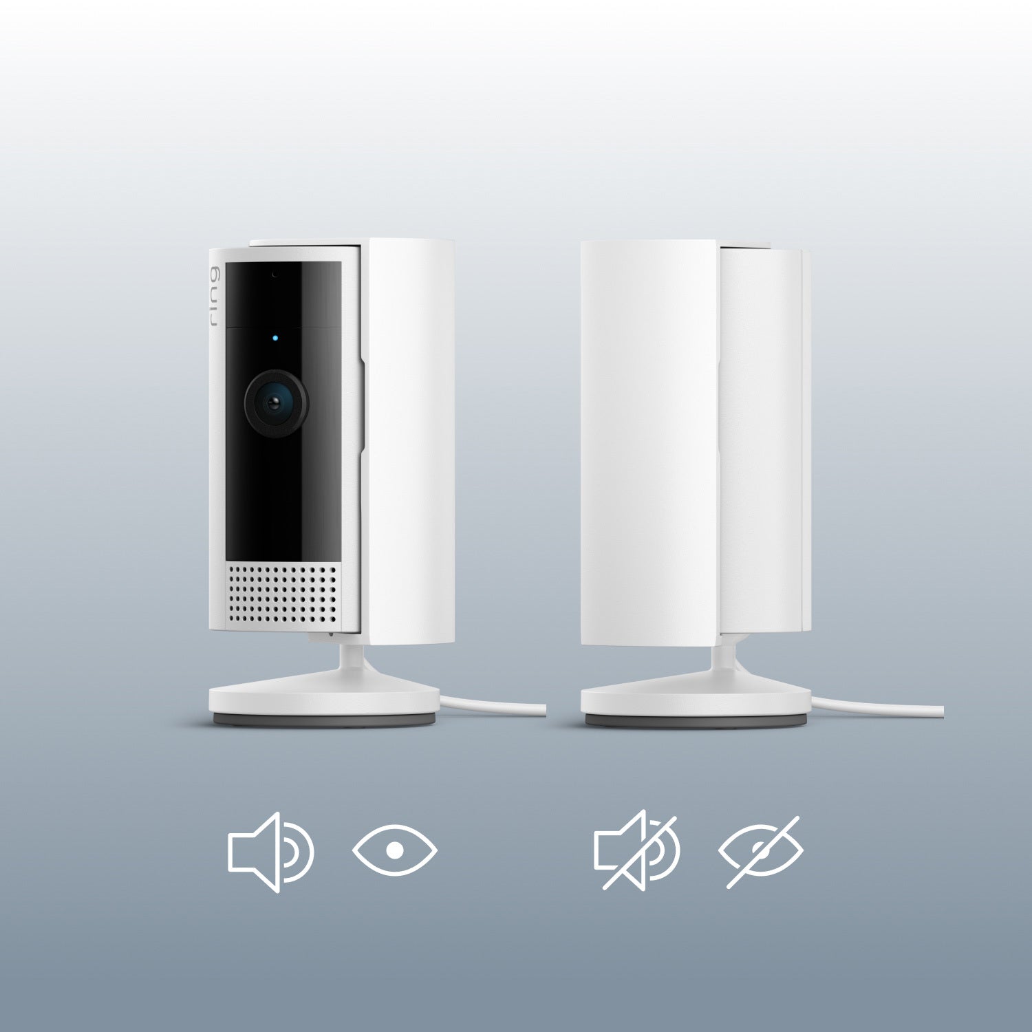 Indoor Cam, 2nd Gen (Plug-In) - Indoor Cam, 2nd Gen plug-in model in white, shown in normal mode and privacy mode.