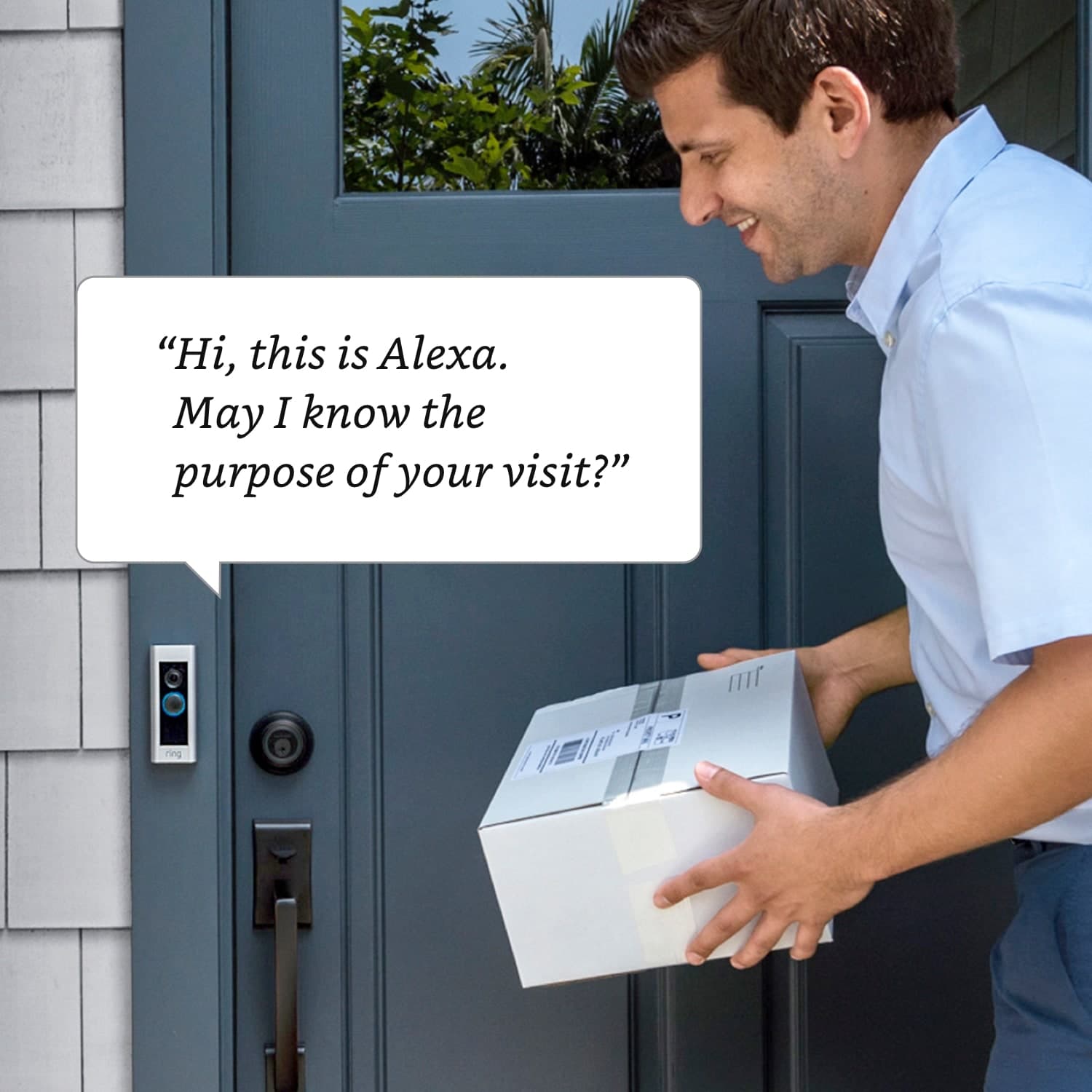 Wired Doorbell Plus (Formerly: Video Doorbell Pro) - Man holding package next to front door and Video Doorbell Pro. Text reads: “Hi, this is Alexa. May I know the purpose of your visit?”