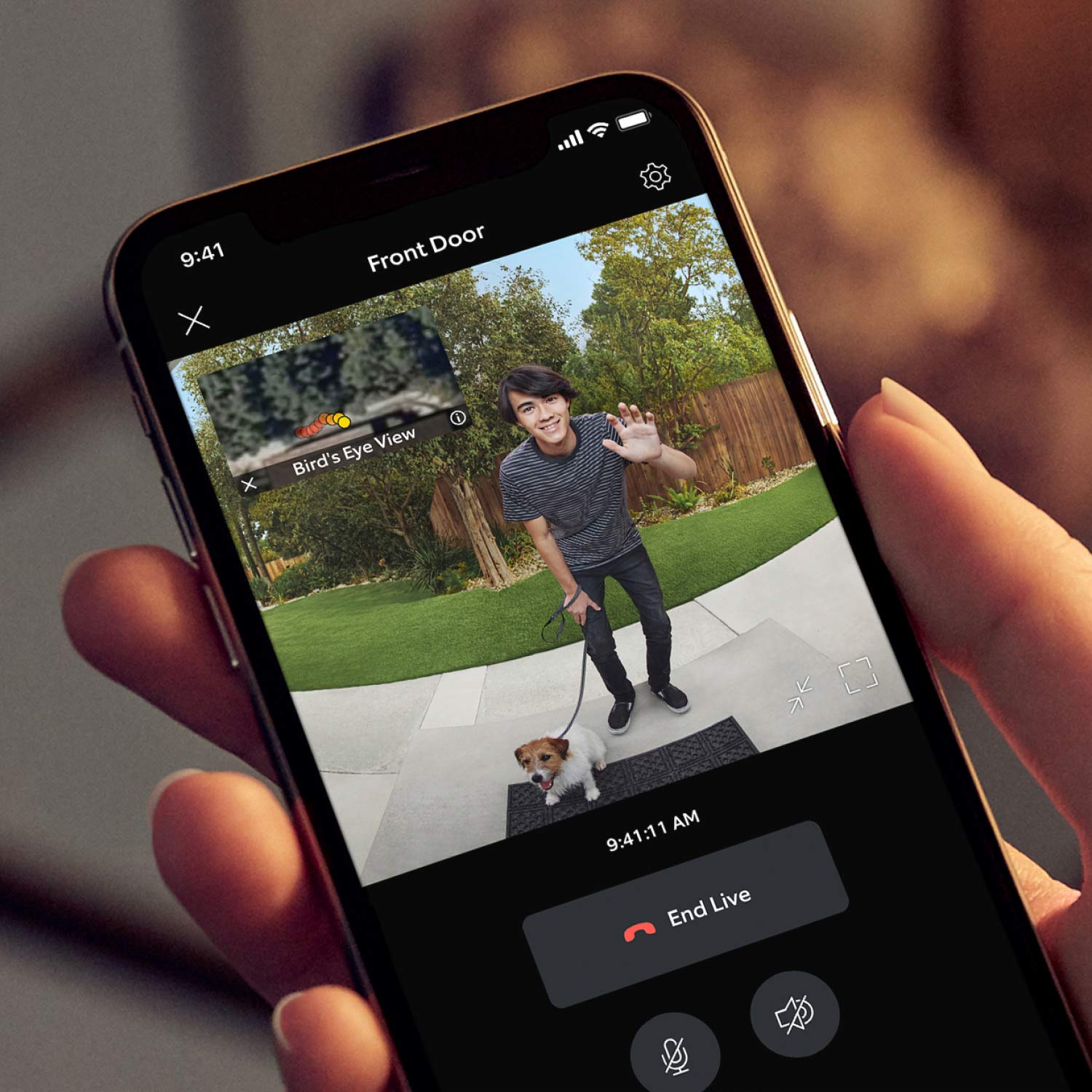 Wired Doorbell Pro (Formerly: Video Doorbell Pro 2) - Close-up of hand holding smartphone, video shows smiling man with a dog. Inset is bird's eye view perspective.
