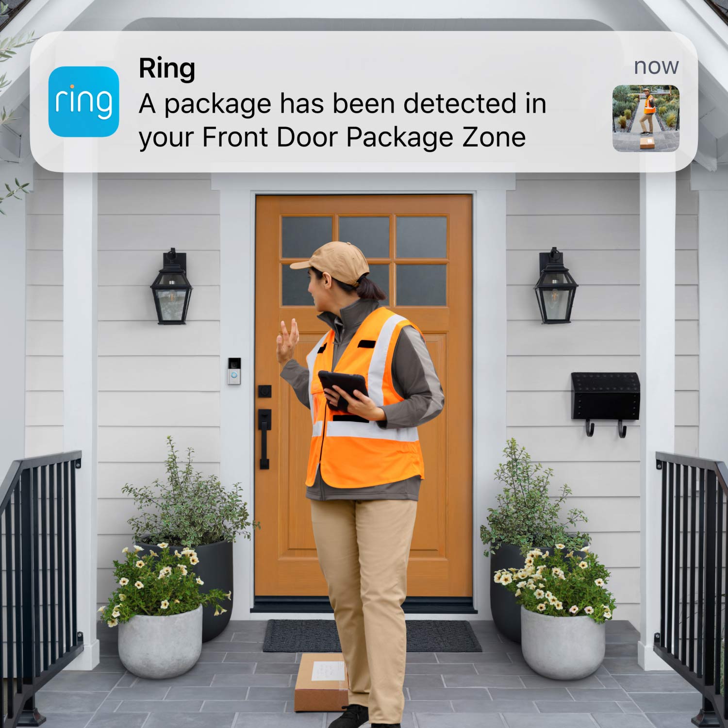 Wired Doorbell Pro (Formerly: Video Doorbell Pro 2) - Person waving at a doorbell camera after delivering a package. Ring push-notification reads: 