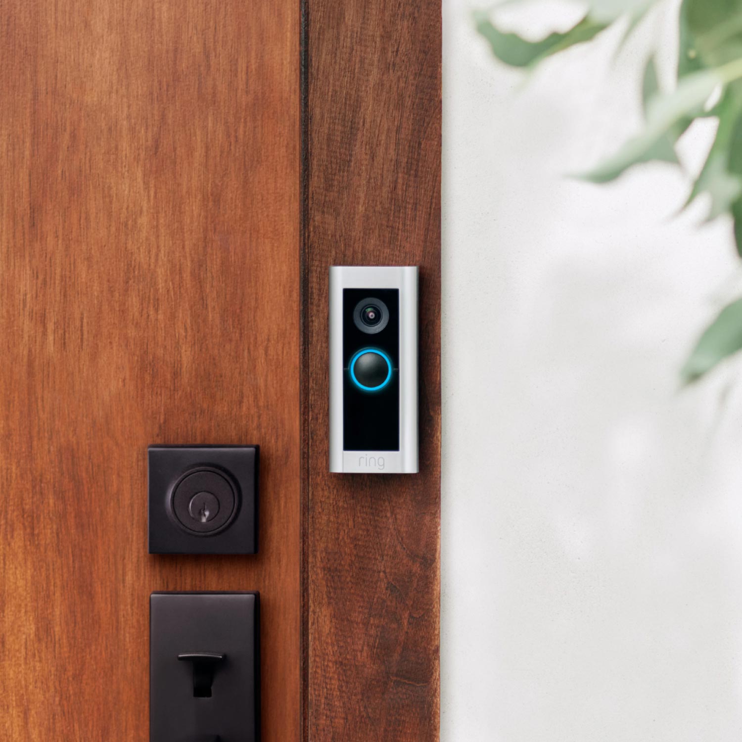 Wired Doorbell Pro (Video Doorbell Pro 2) (Certified Refurbished) - Certified refurbished Wired Doorbell Pro in satin nickel finish mounted next to front door.