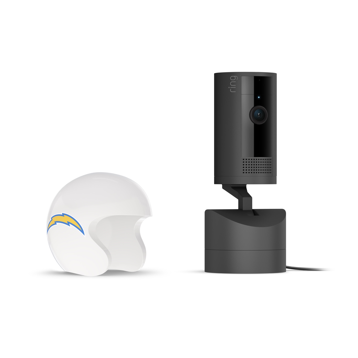 Pan-Tilt Indoor Cam, Black + NFL Game Day Cam Cover — AFC - Black Ring indoor camera on a powered stand next to a white mini football helmet with a blue and yellow lightning bolt logo on white background