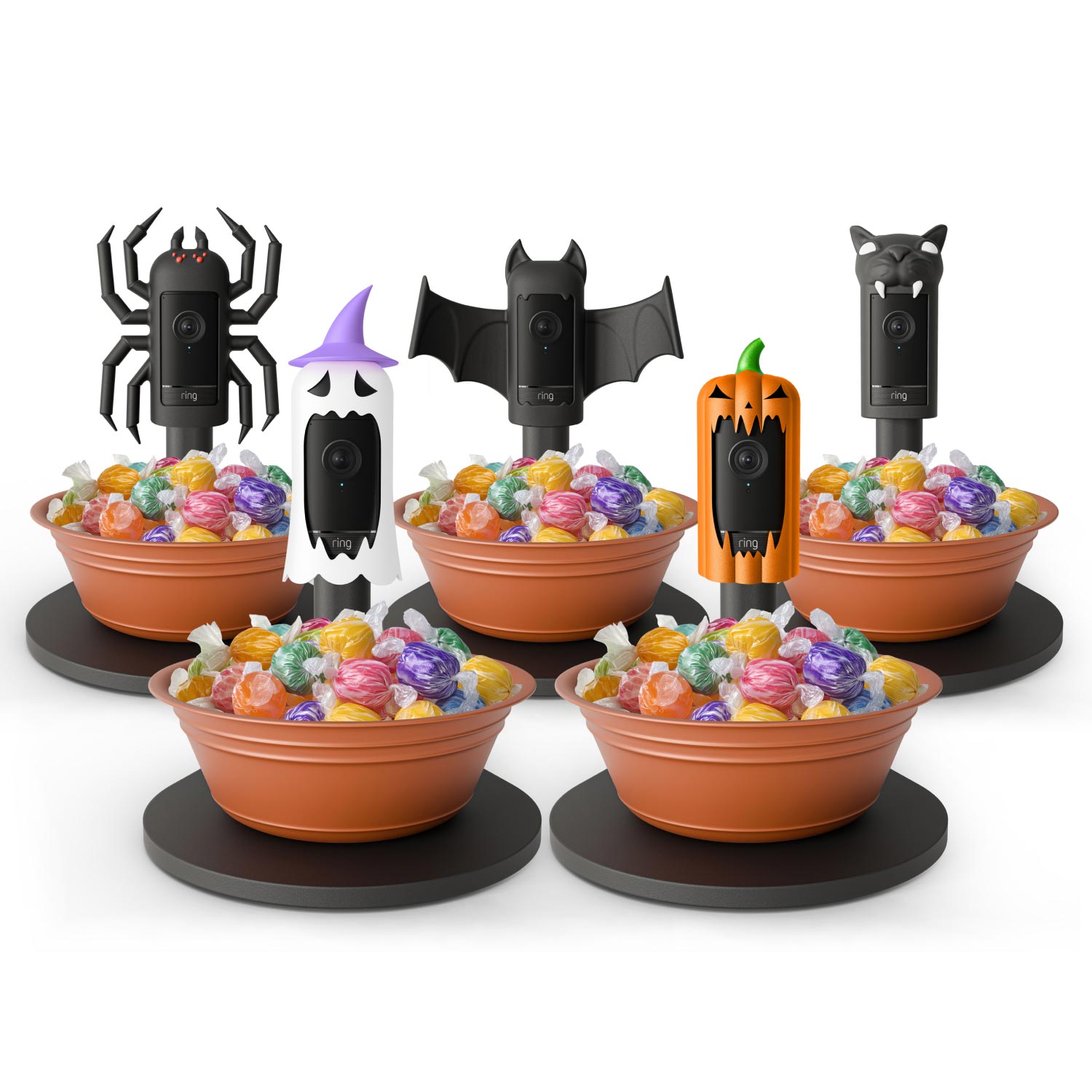 Candy Cam (Outdoor Cam Pro + Free Costume Cover) - Different Candy Cam variations with wrapped candy on a white background